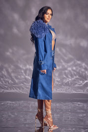 Denim Trench Coat with Detachable Shag Collar