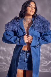 Denim Trench Coat with Detachable Shag Collar