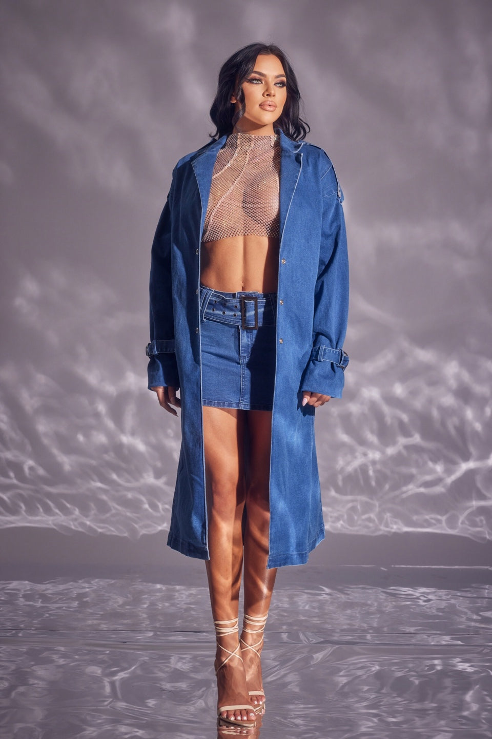 Denim Trench Coat with Detachable Shag Collar