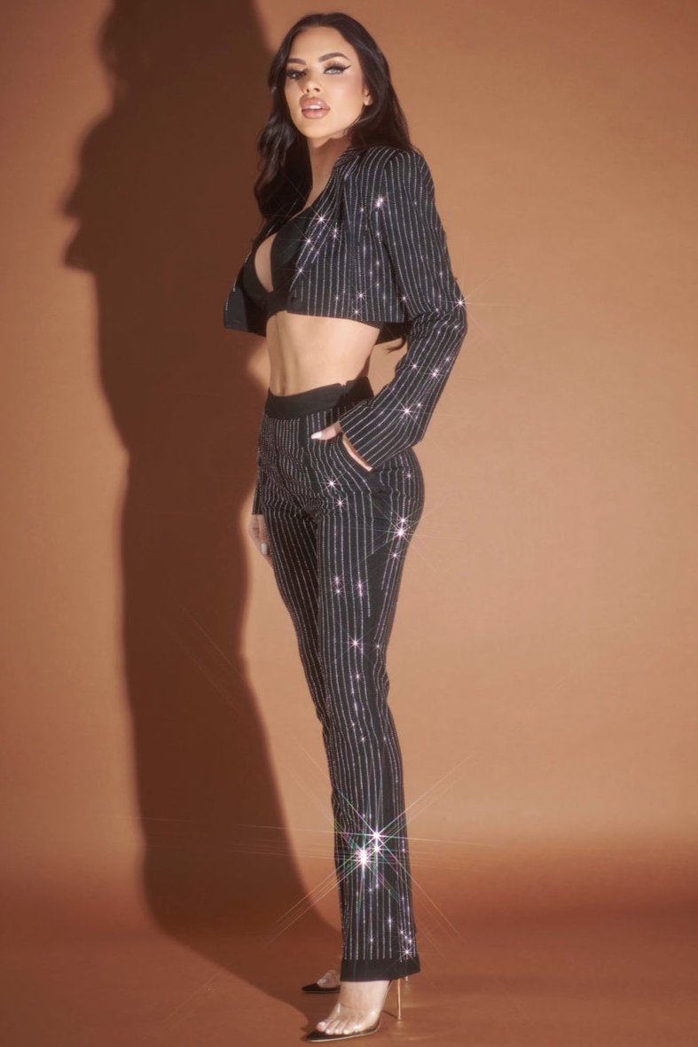 Pinstripe Rhinestone Crop Blazer