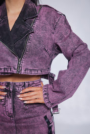 Oversized Cropped Denim Jacket with Satin Straps