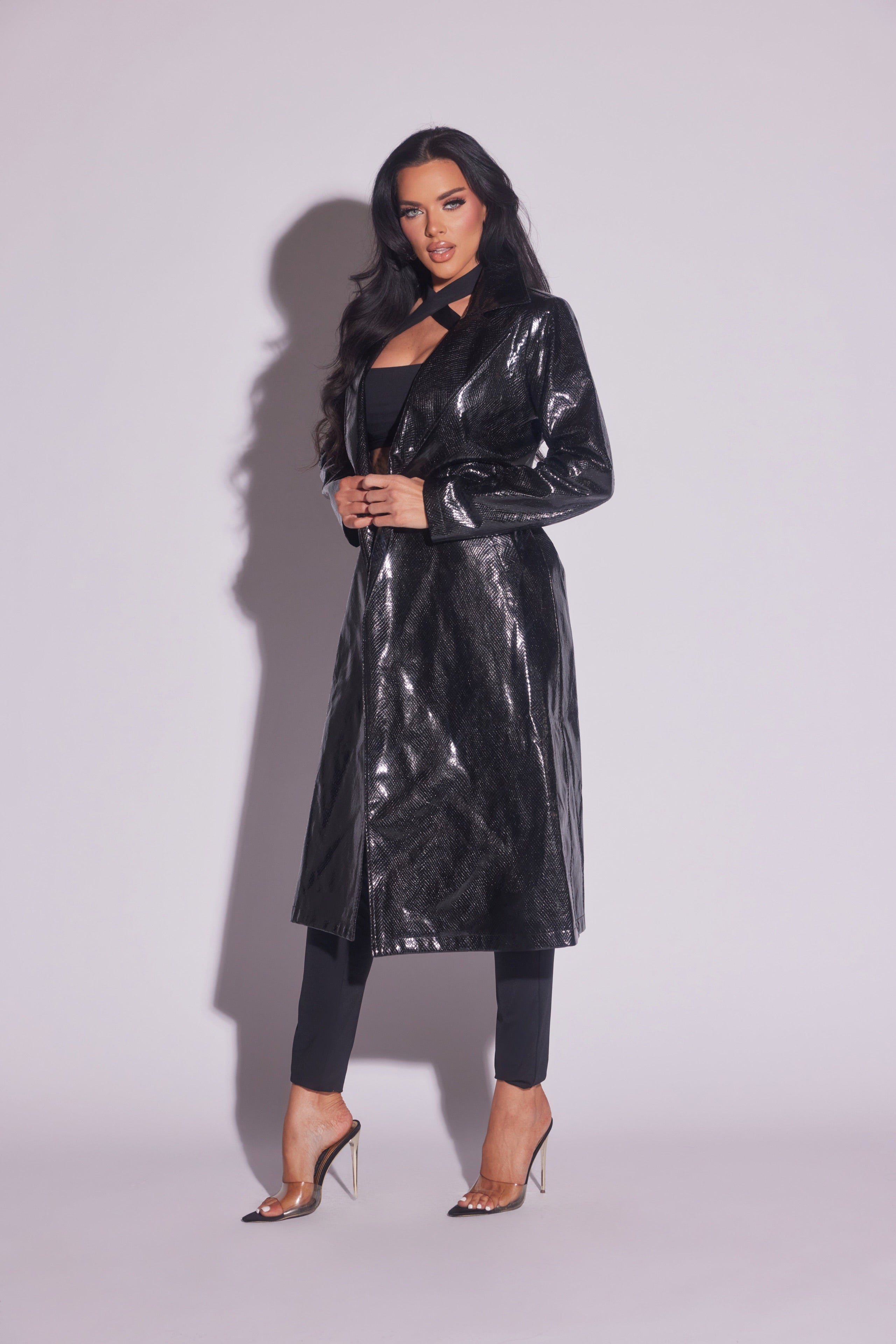 Snake Print Embossed Trench Coat