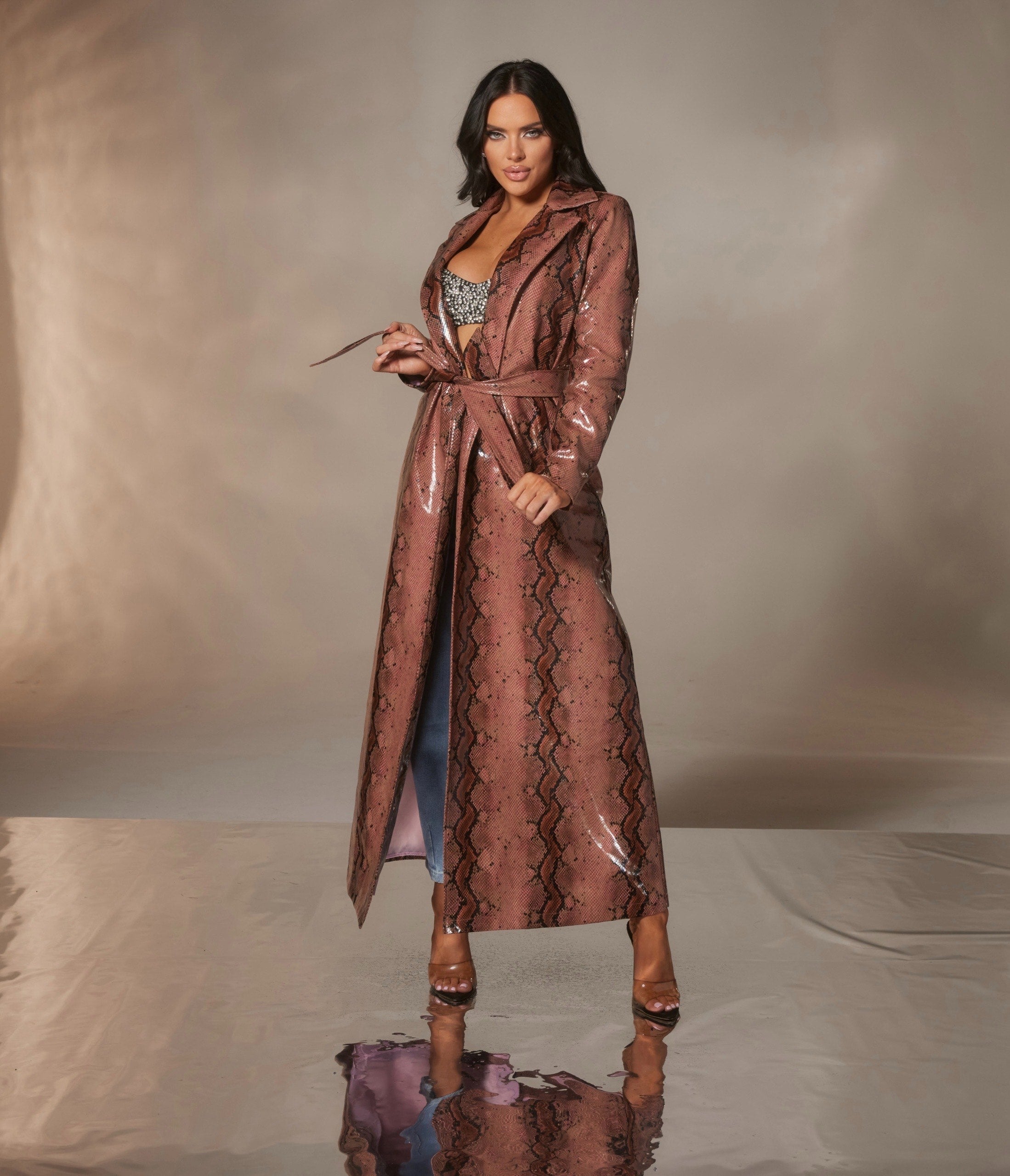 Snake Print Embossed Long Jacket