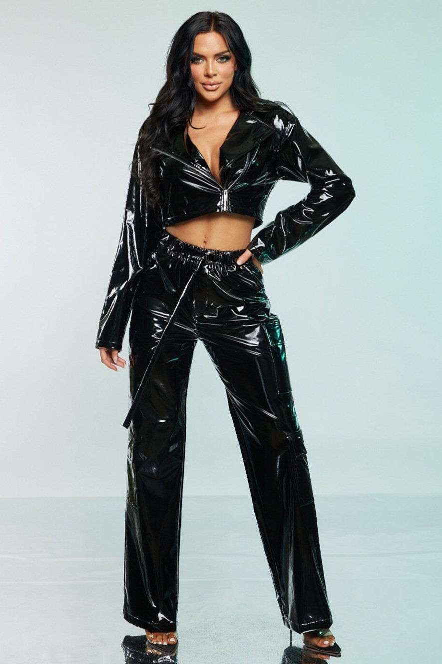 Patent Leather Feel Cropped Moto Jacket