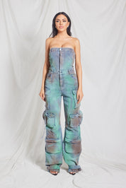 Strapless Denim Cargo Style Jumpsuit