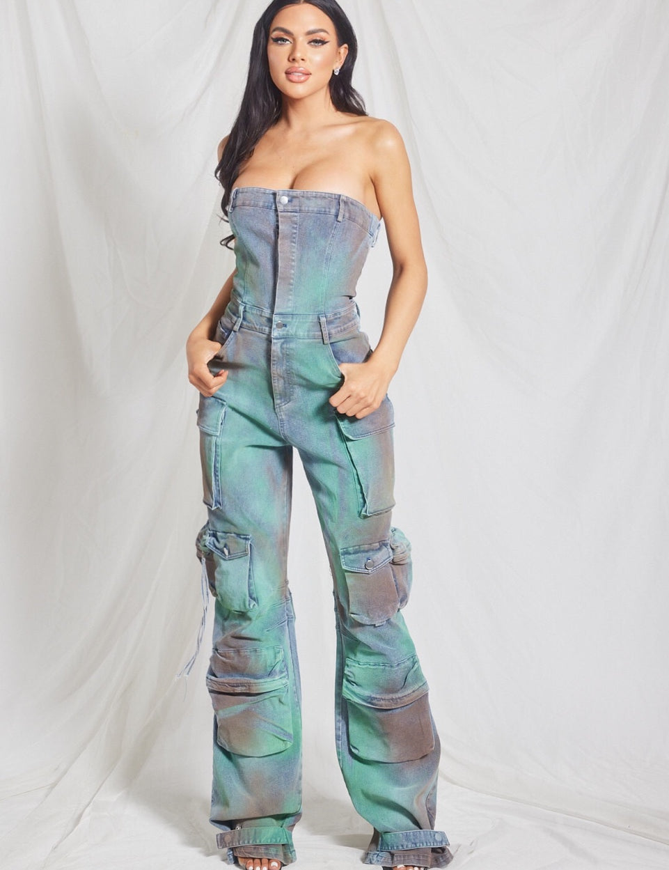 Strapless Denim Cargo Style Jumpsuit