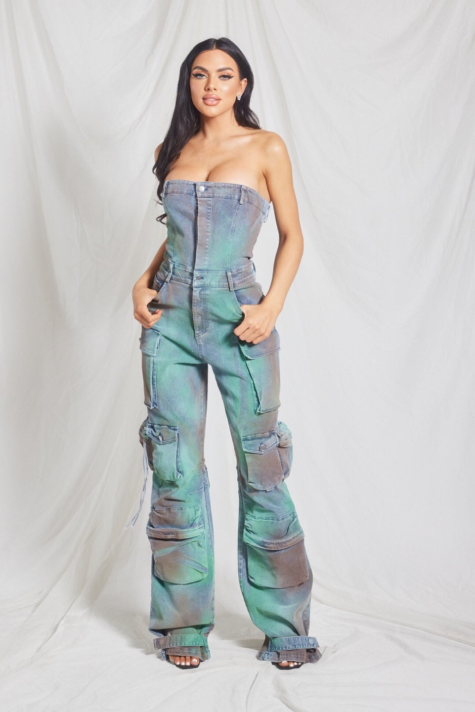 Strapless Denim Cargo Style Jumpsuit