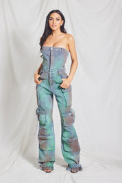 Strapless Denim Cargo Style Jumpsuit