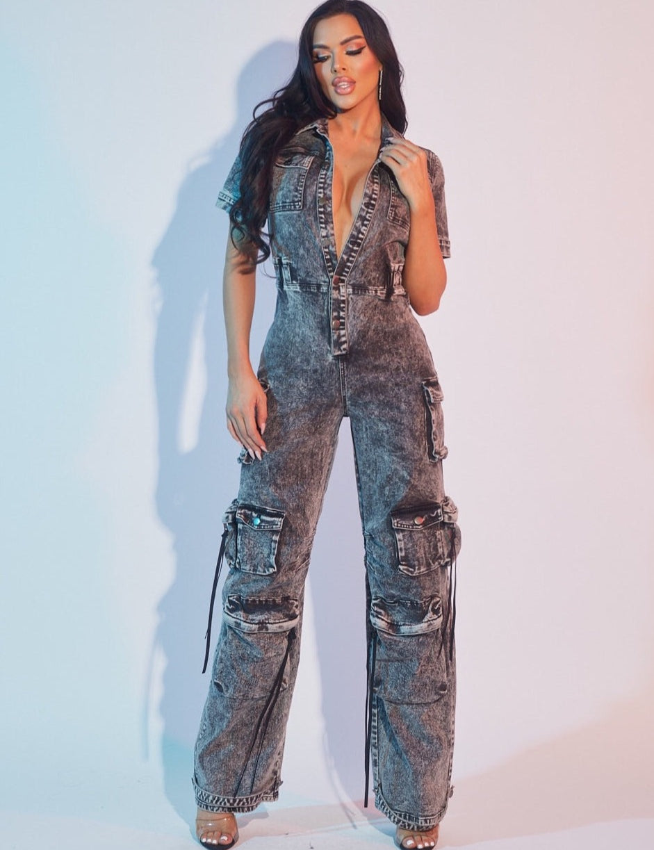 Denim Cargo Straight Leg Jumpsuit