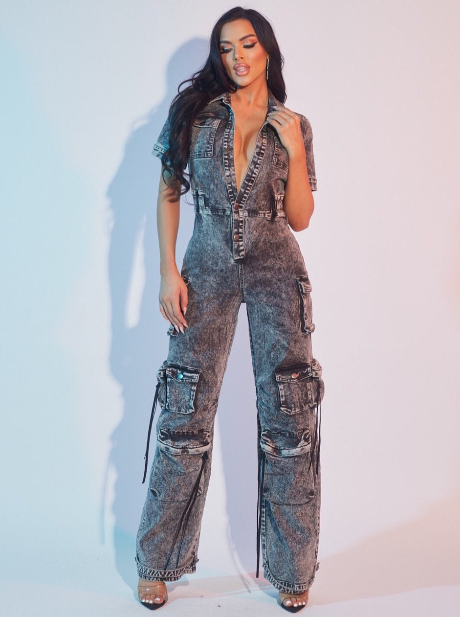 Denim Cargo Straight Leg Jumpsuit