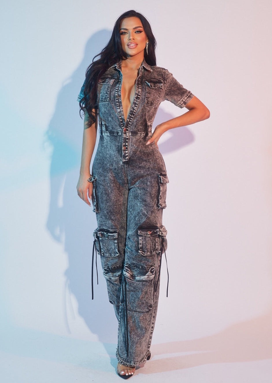 Denim Cargo Straight Leg Jumpsuit