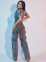 Denim Cargo Straight Leg Jumpsuit