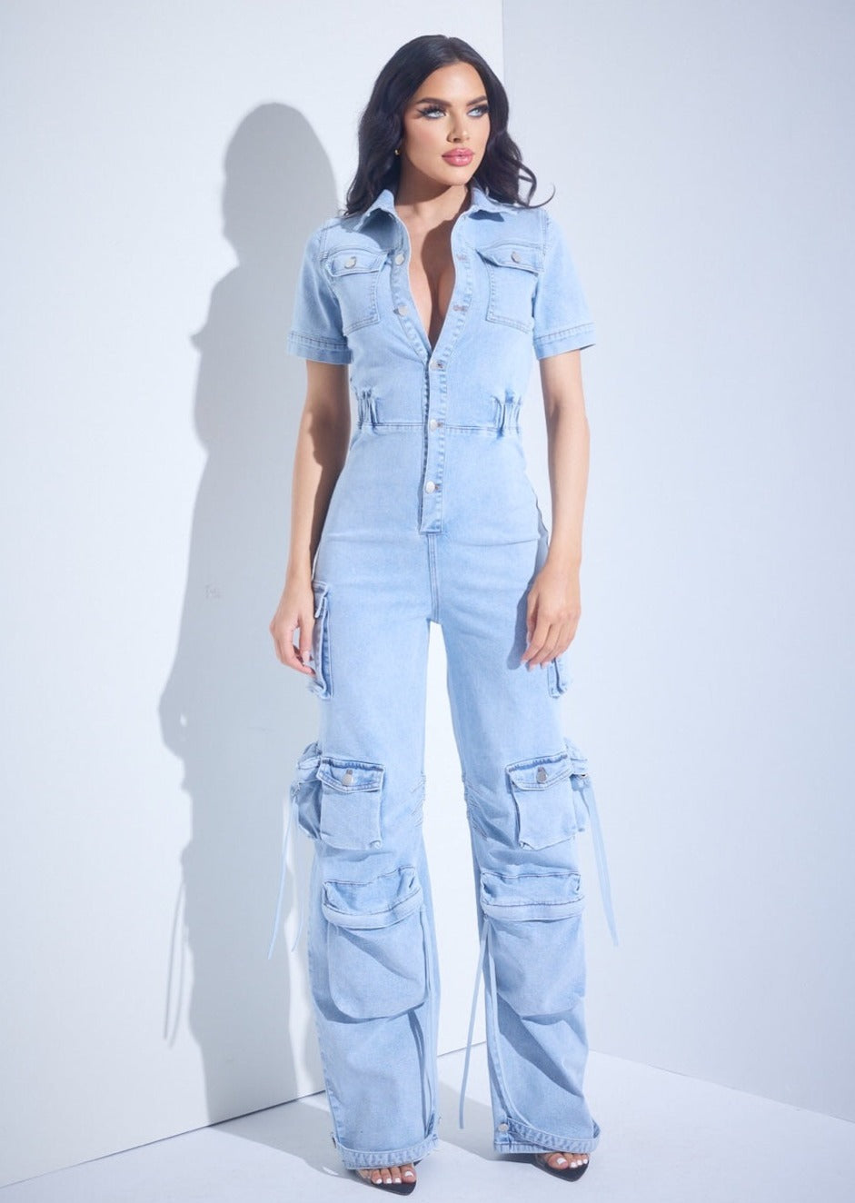 Denim Cargo Straight Leg Jumpsuit