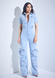 Denim Cargo Straight Leg Jumpsuit