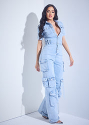 Denim Cargo Straight Leg Jumpsuit