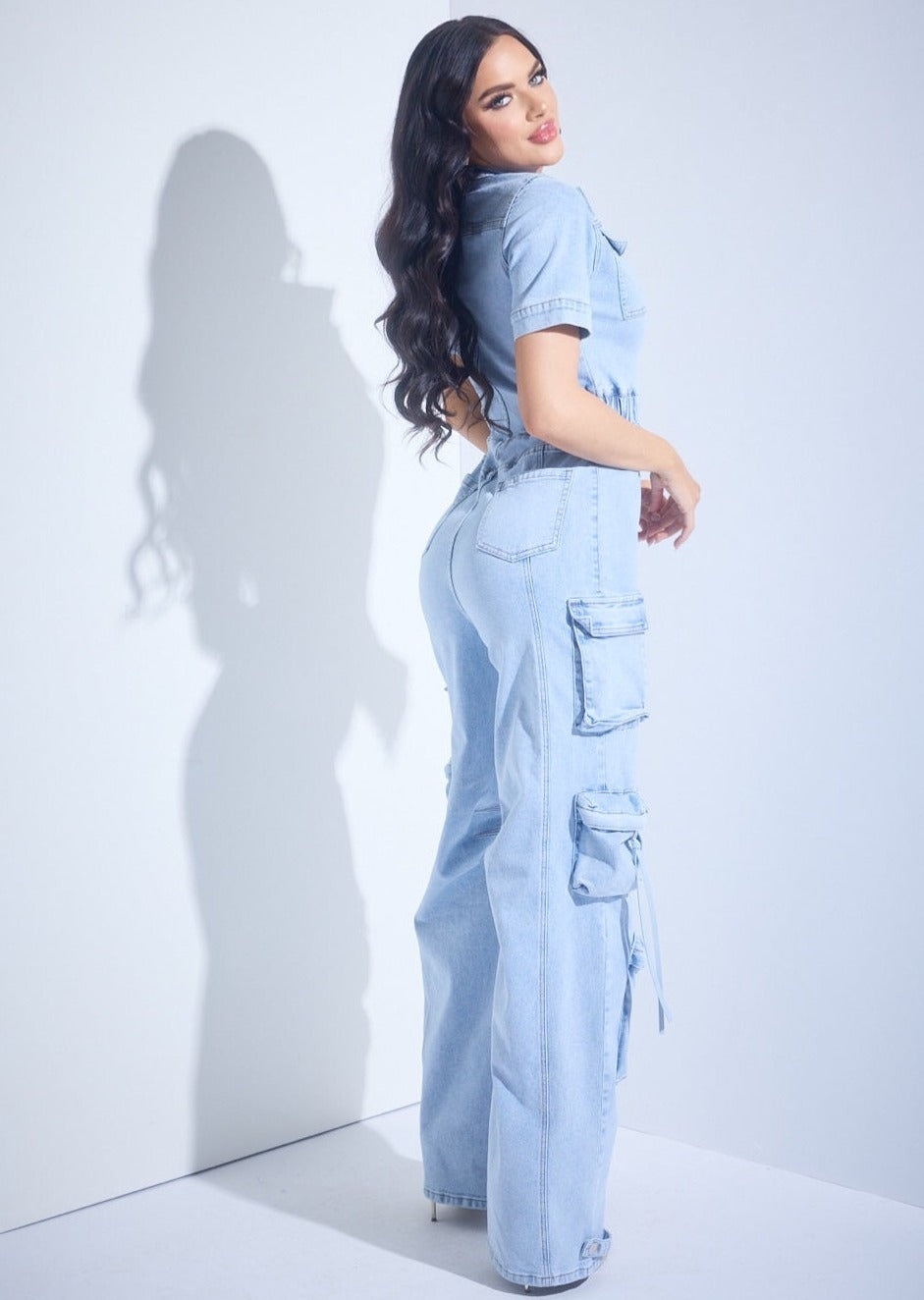 Denim Cargo Straight Leg Jumpsuit