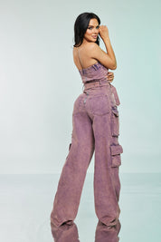 Sleeveless Denim Cargo Jumpsuit