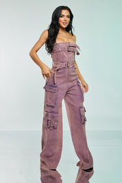 Sleeveless Denim Cargo Jumpsuit