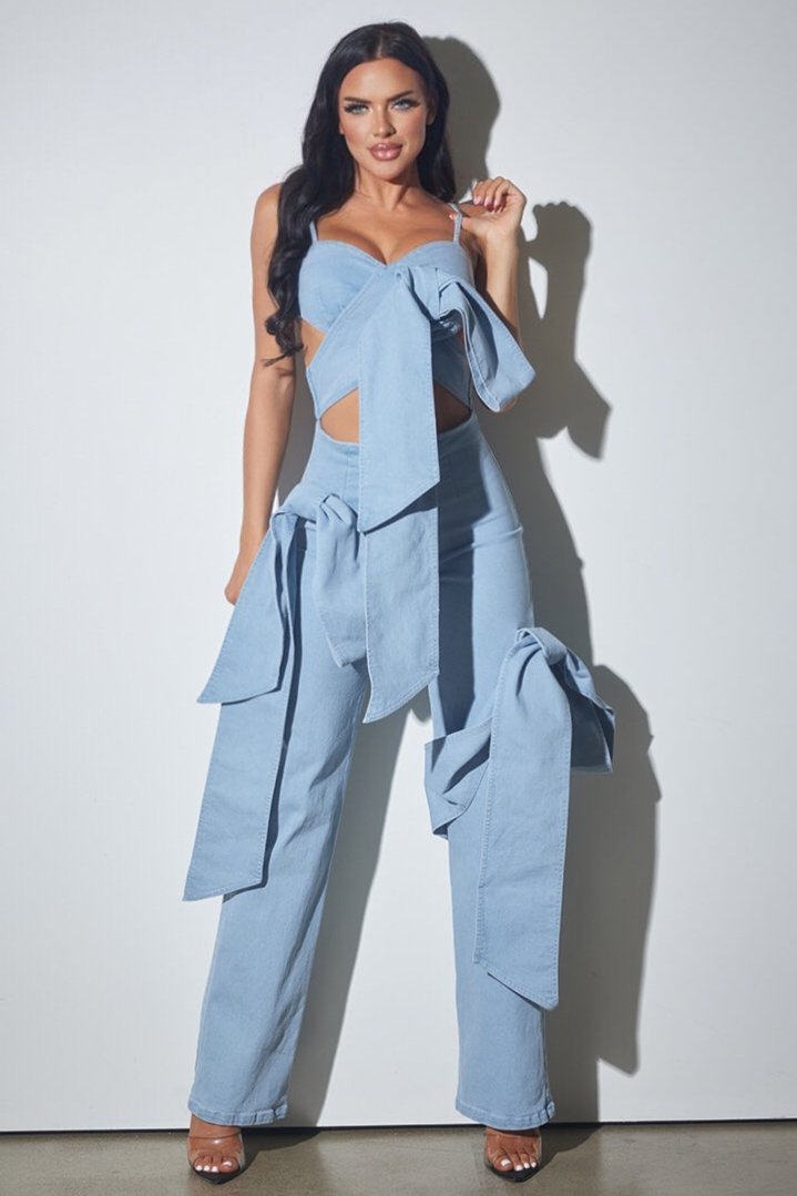 Denim Large Bow Jumpsuit