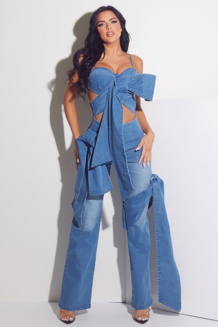 Denim Large Bow Jumpsuit