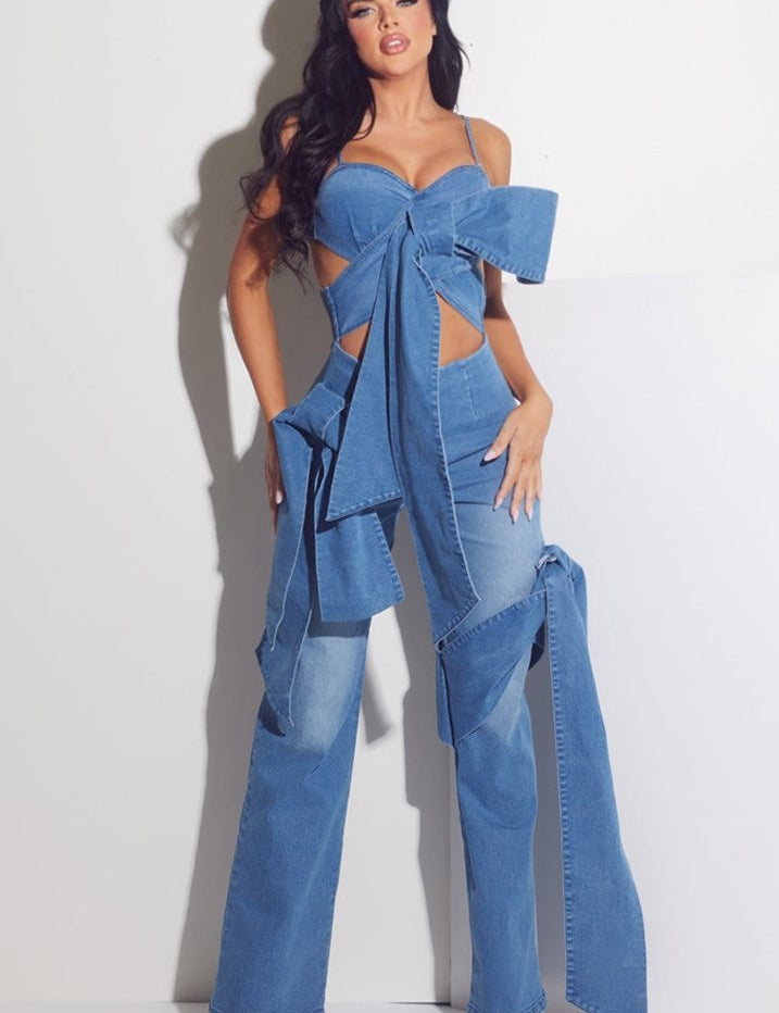 Denim Large Bow Jumpsuit