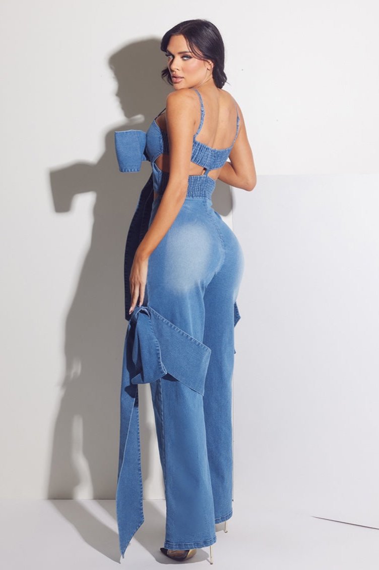 Denim Large Bow Jumpsuit