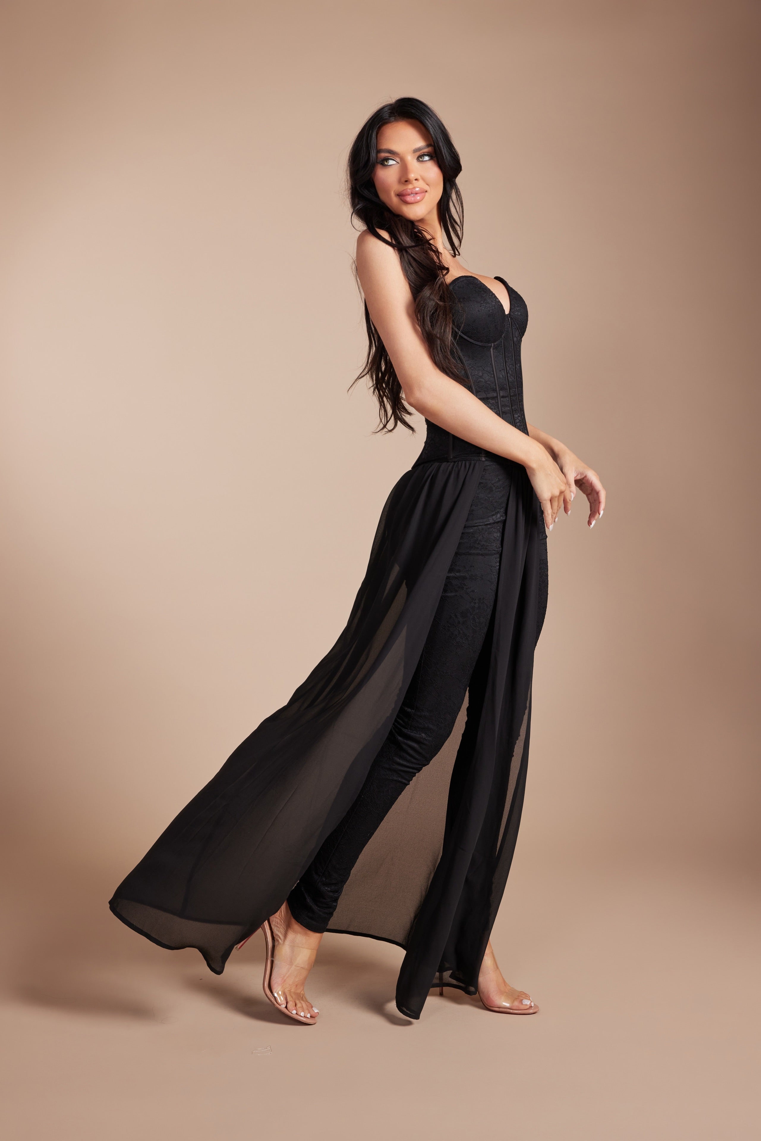 Corset Jumpsuit with Flowing Chiffon Overlay