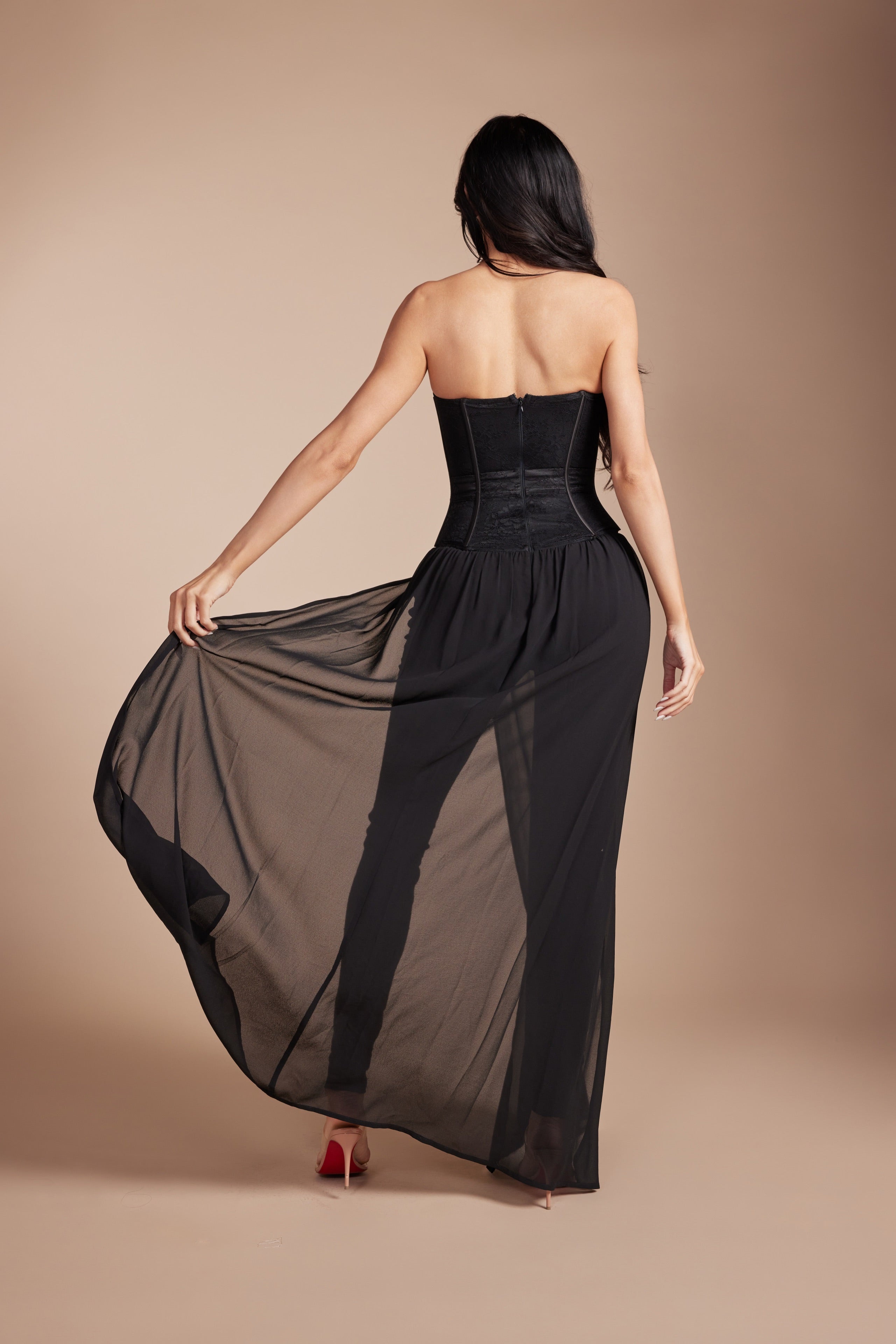 Corset Jumpsuit with Flowing Chiffon Overlay