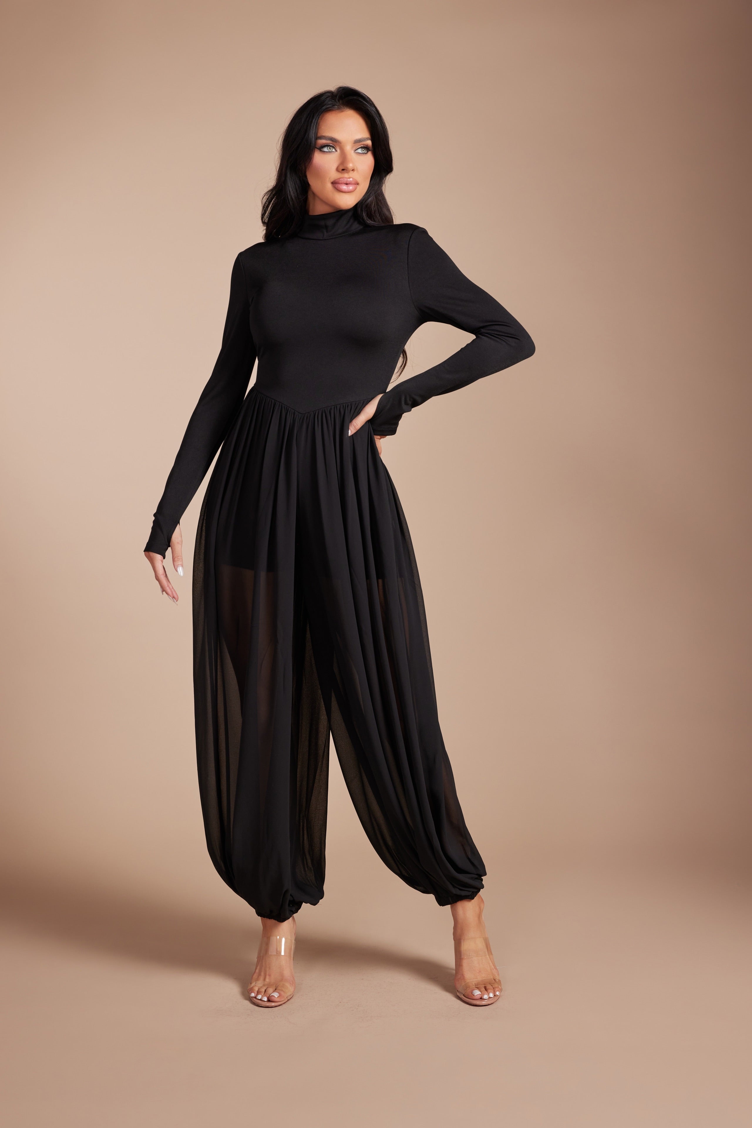 Mock Neck Long Sleeve Jumpsuit with Sheer Mesh Harem Overlay