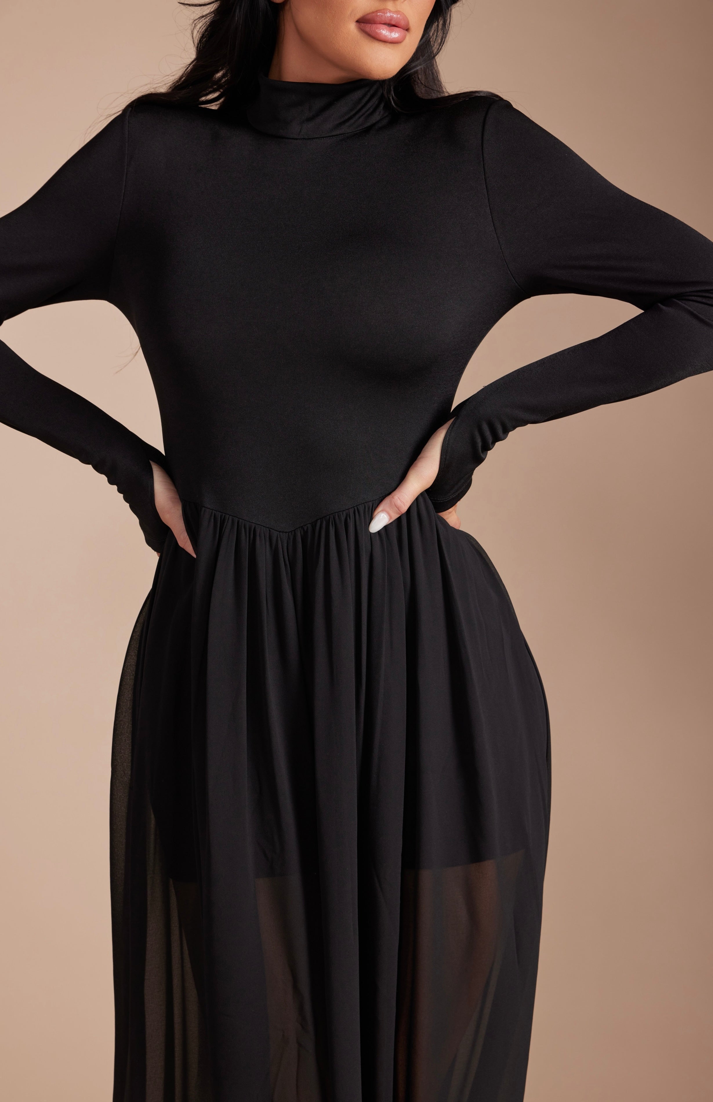 Mock Neck Long Sleeve Jumpsuit with Sheer Mesh Harem Overlay