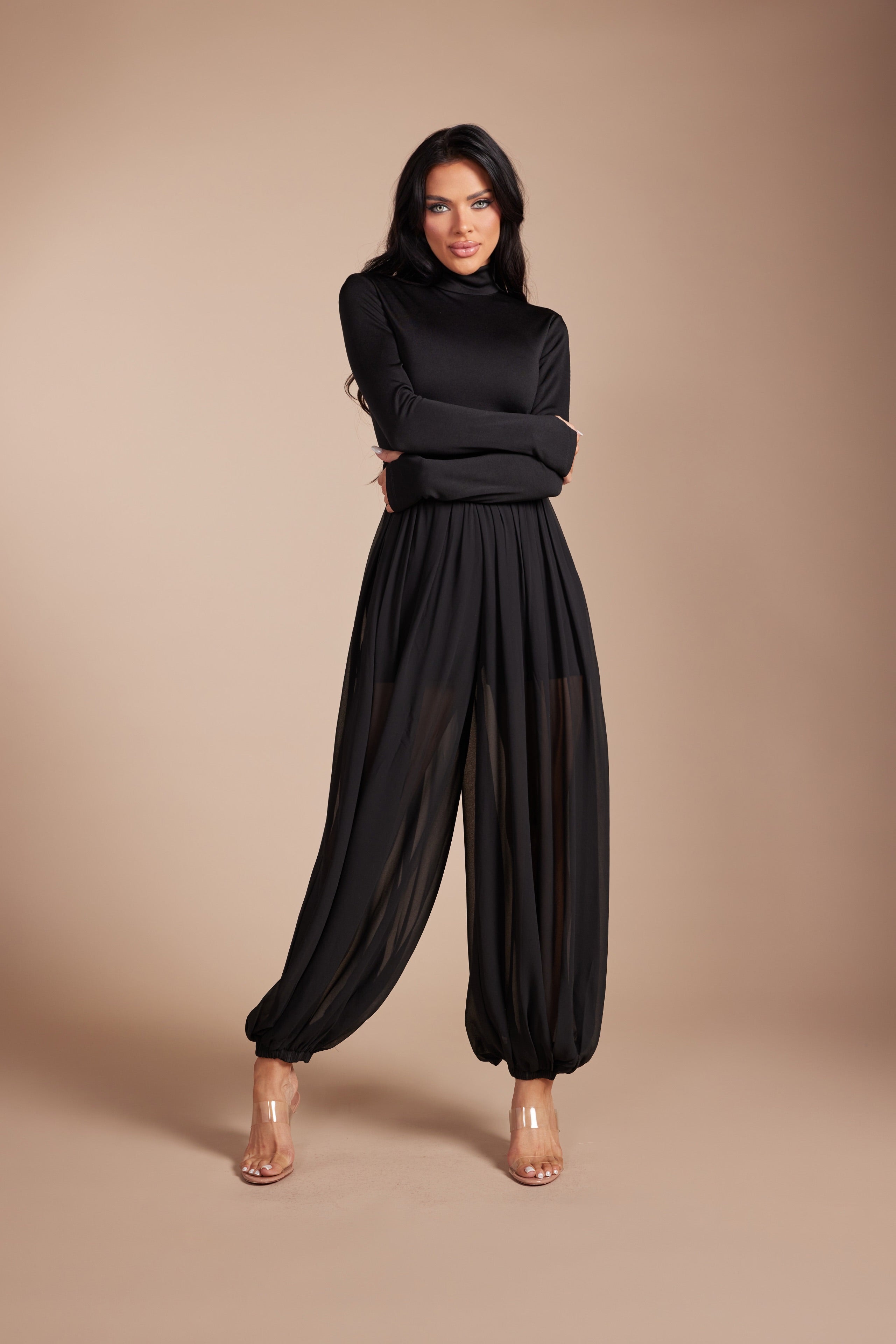 Mock Neck Long Sleeve Jumpsuit with Sheer Mesh Harem Overlay