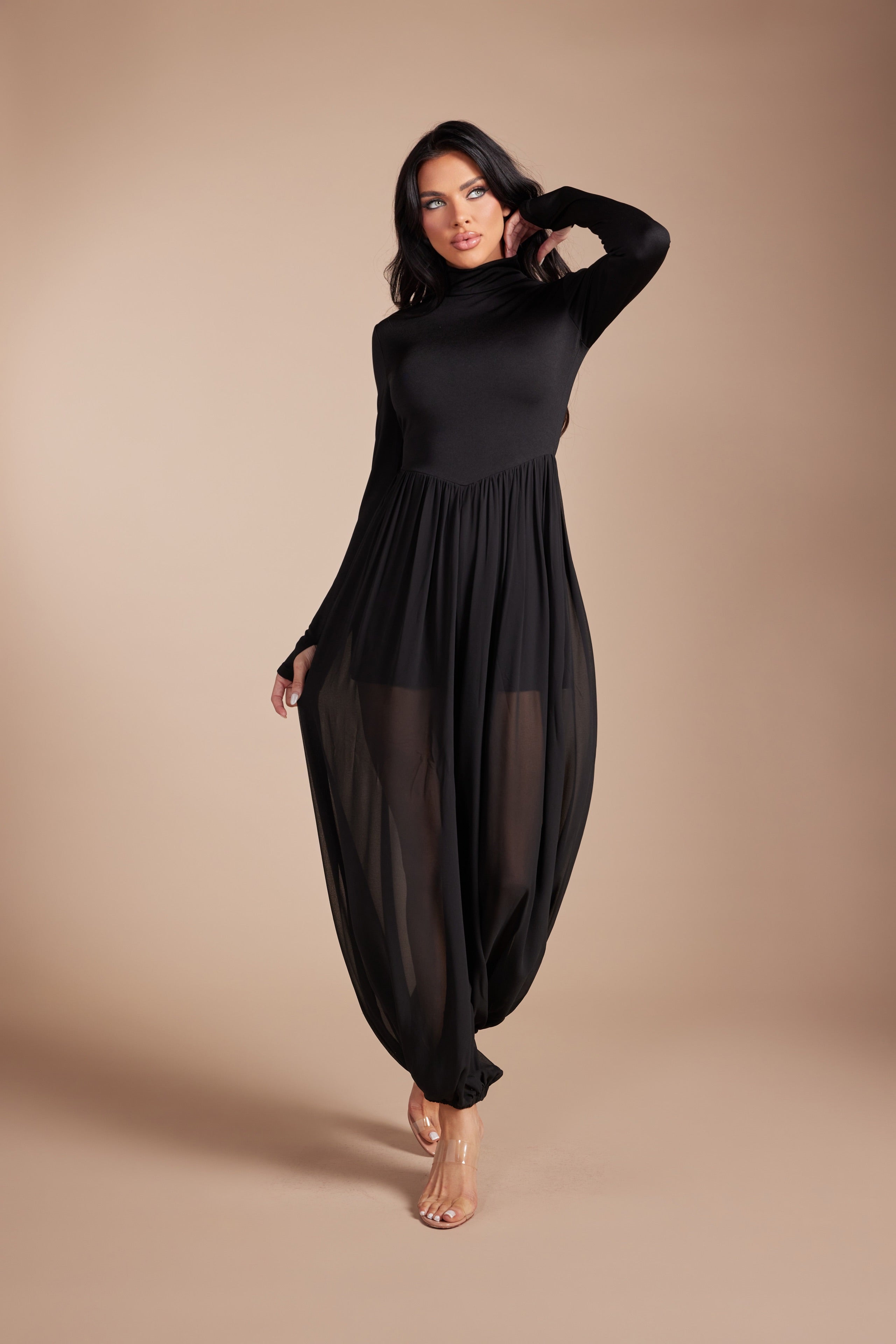 Mock Neck Long Sleeve Jumpsuit with Sheer Mesh Harem Overlay