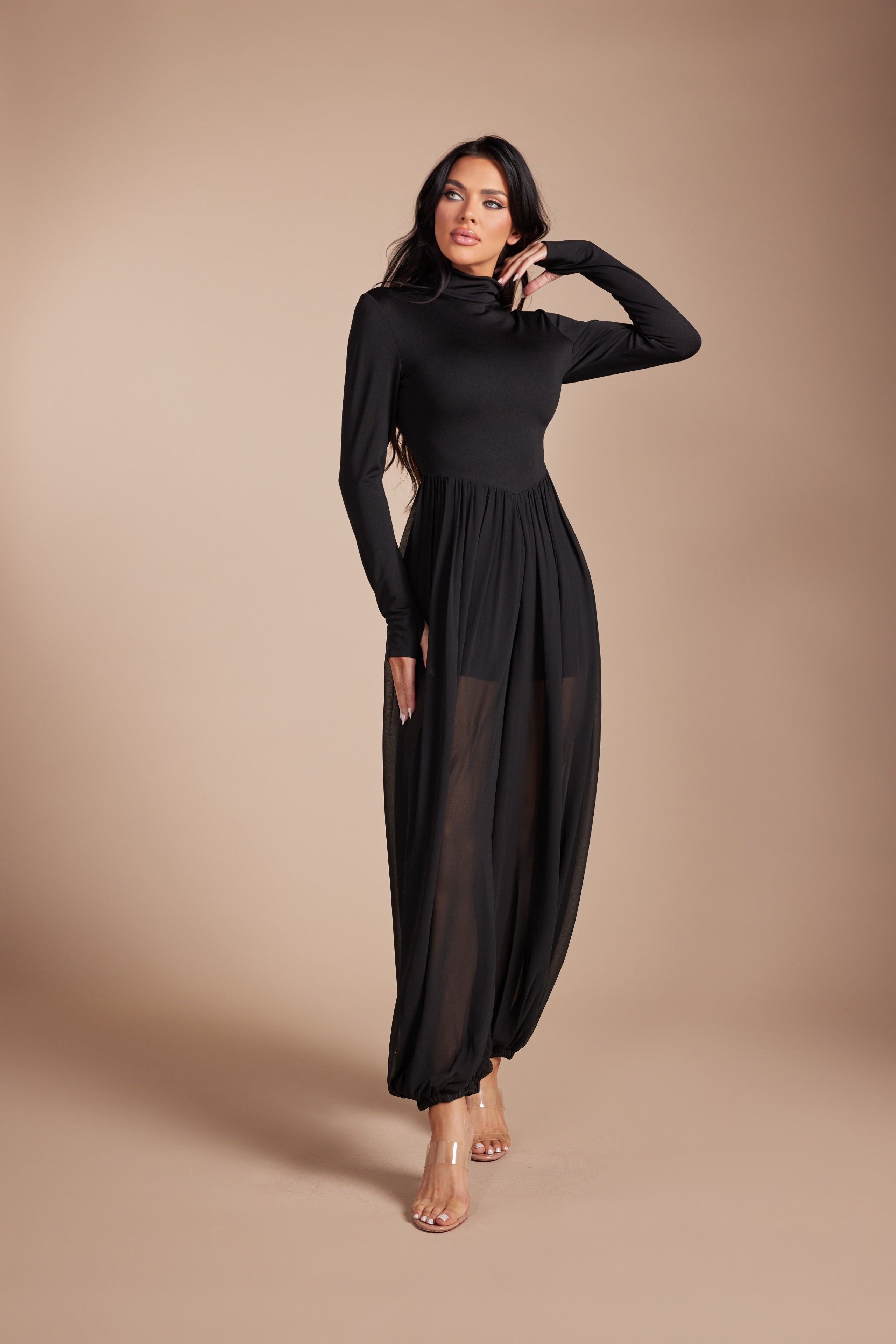 Mock Neck Long Sleeve Jumpsuit with Sheer Mesh Harem Overlay