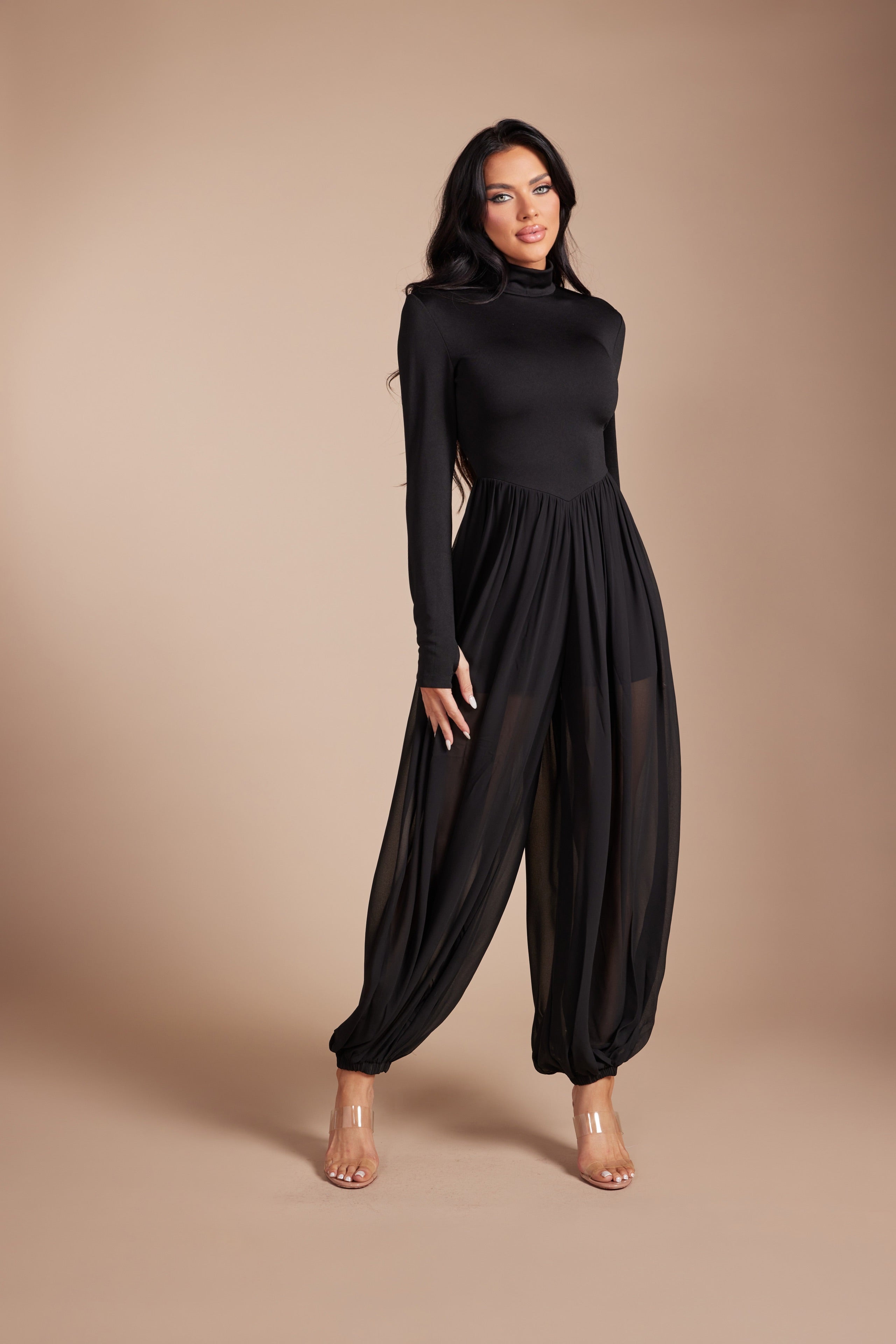 Mock Neck Long Sleeve Jumpsuit with Sheer Mesh Harem Overlay