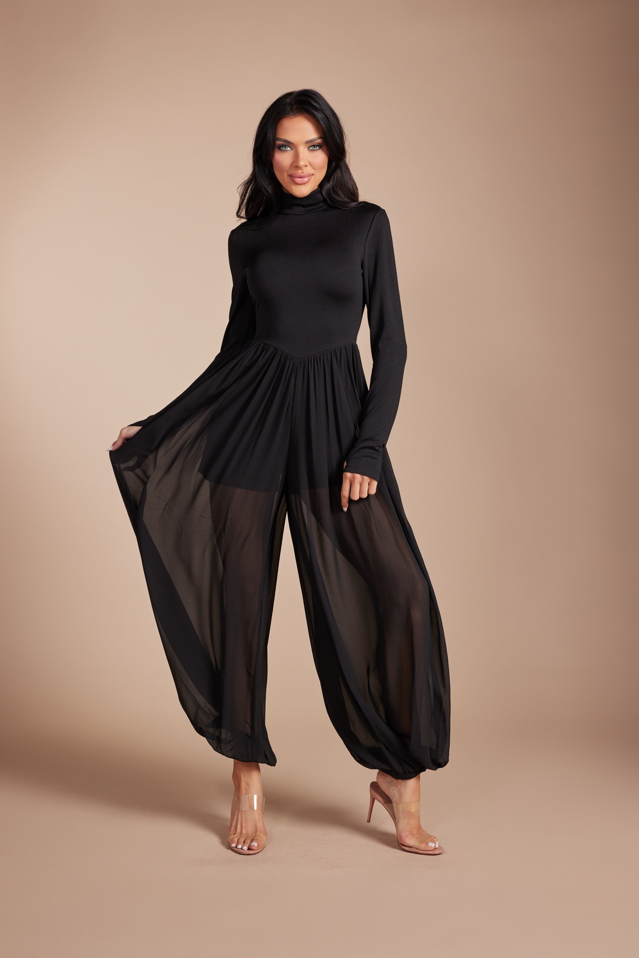 Mock Neck Long Sleeve Jumpsuit with Sheer Mesh Harem Overlay