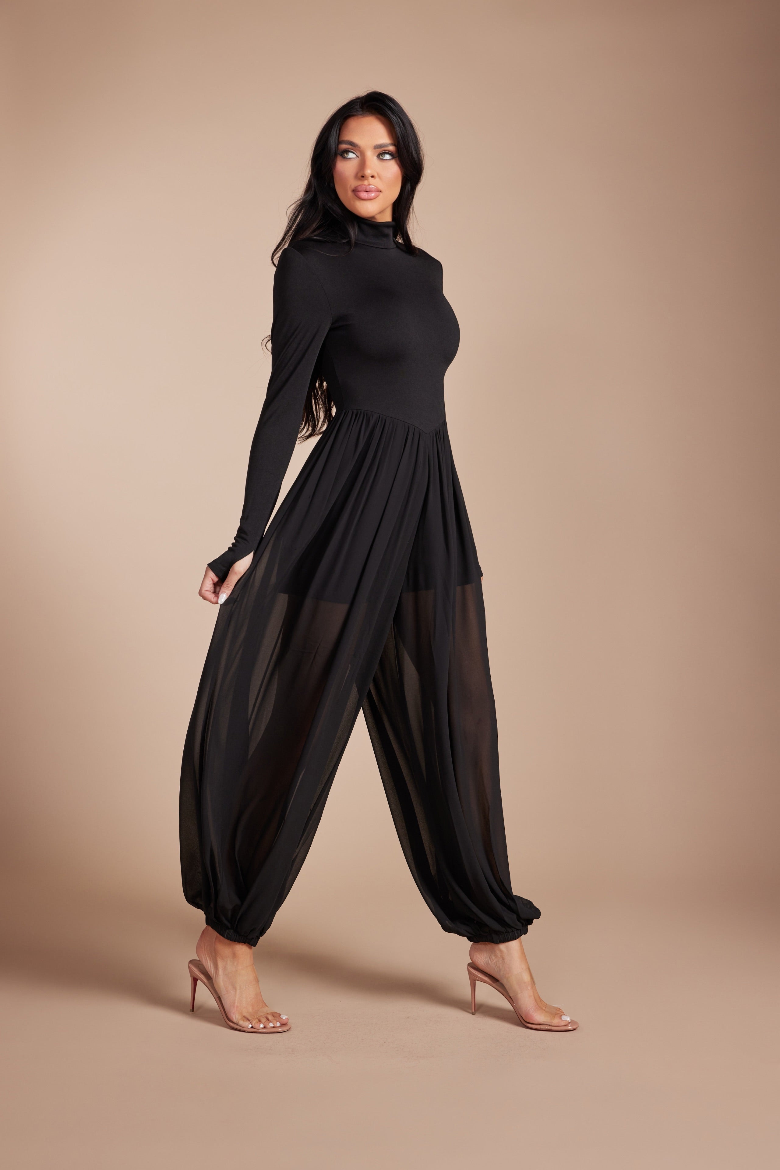 Mock Neck Long Sleeve Jumpsuit with Sheer Mesh Harem Overlay