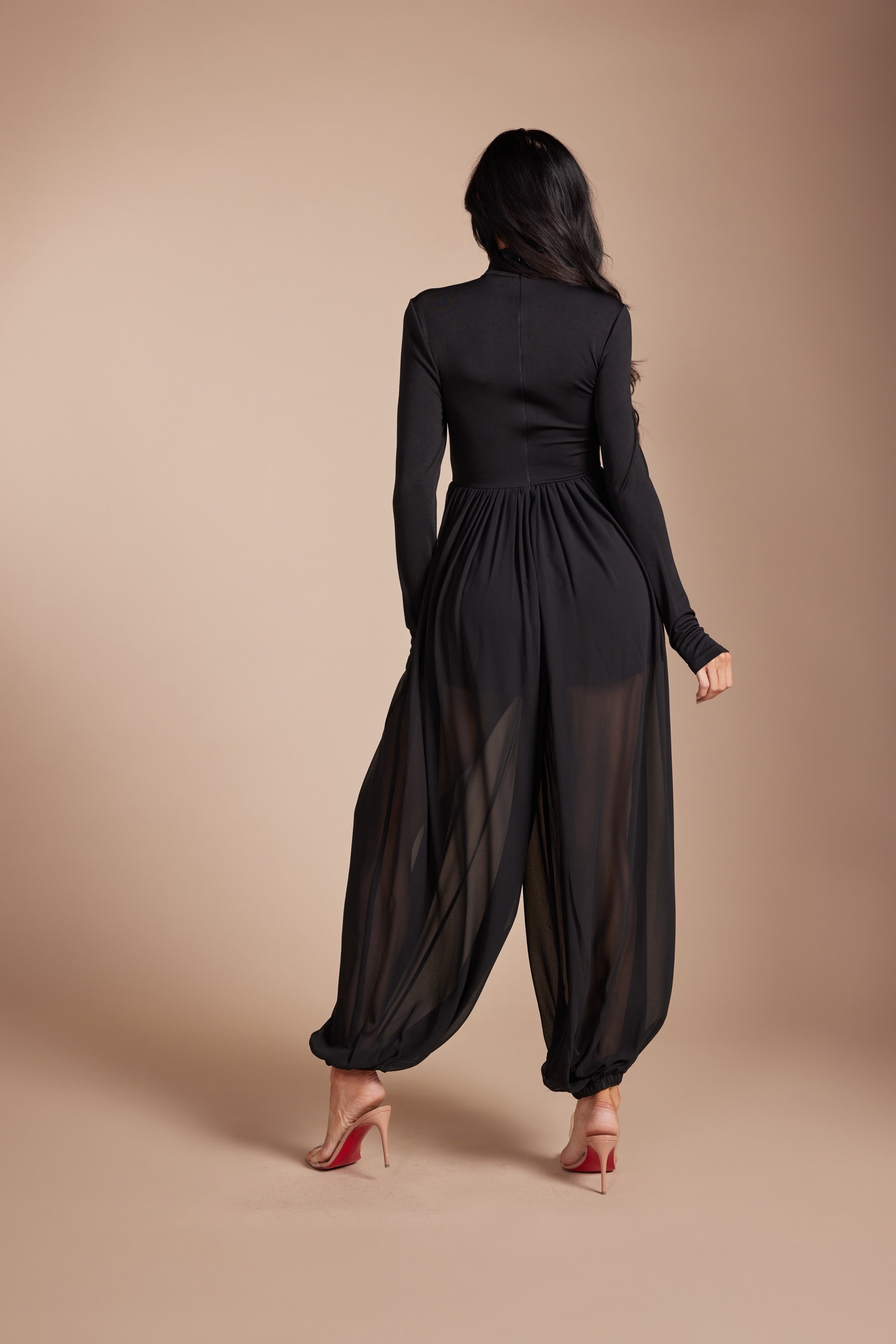 Mock Neck Long Sleeve Jumpsuit with Sheer Mesh Harem Overlay