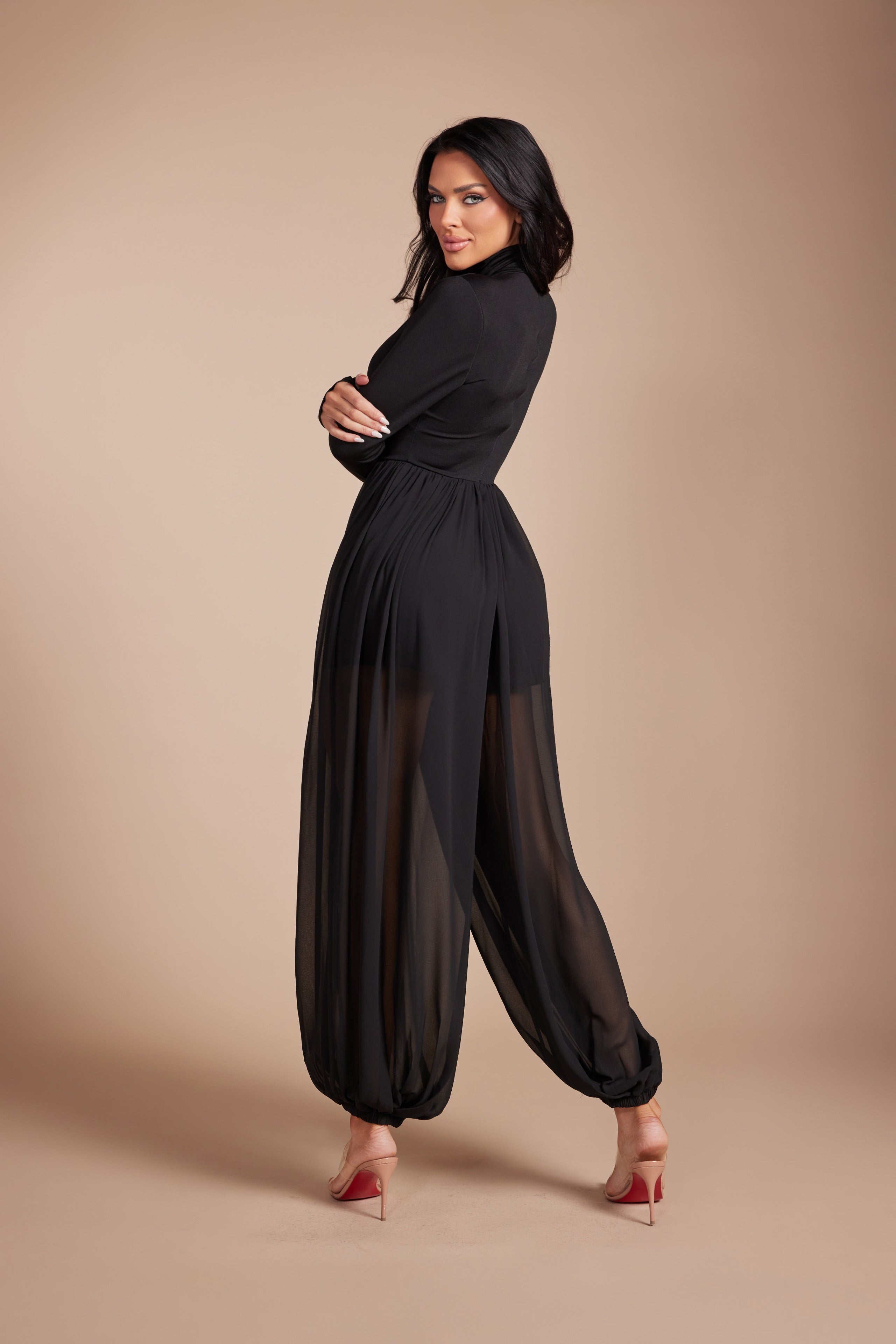 Mock Neck Long Sleeve Jumpsuit with Sheer Mesh Harem Overlay