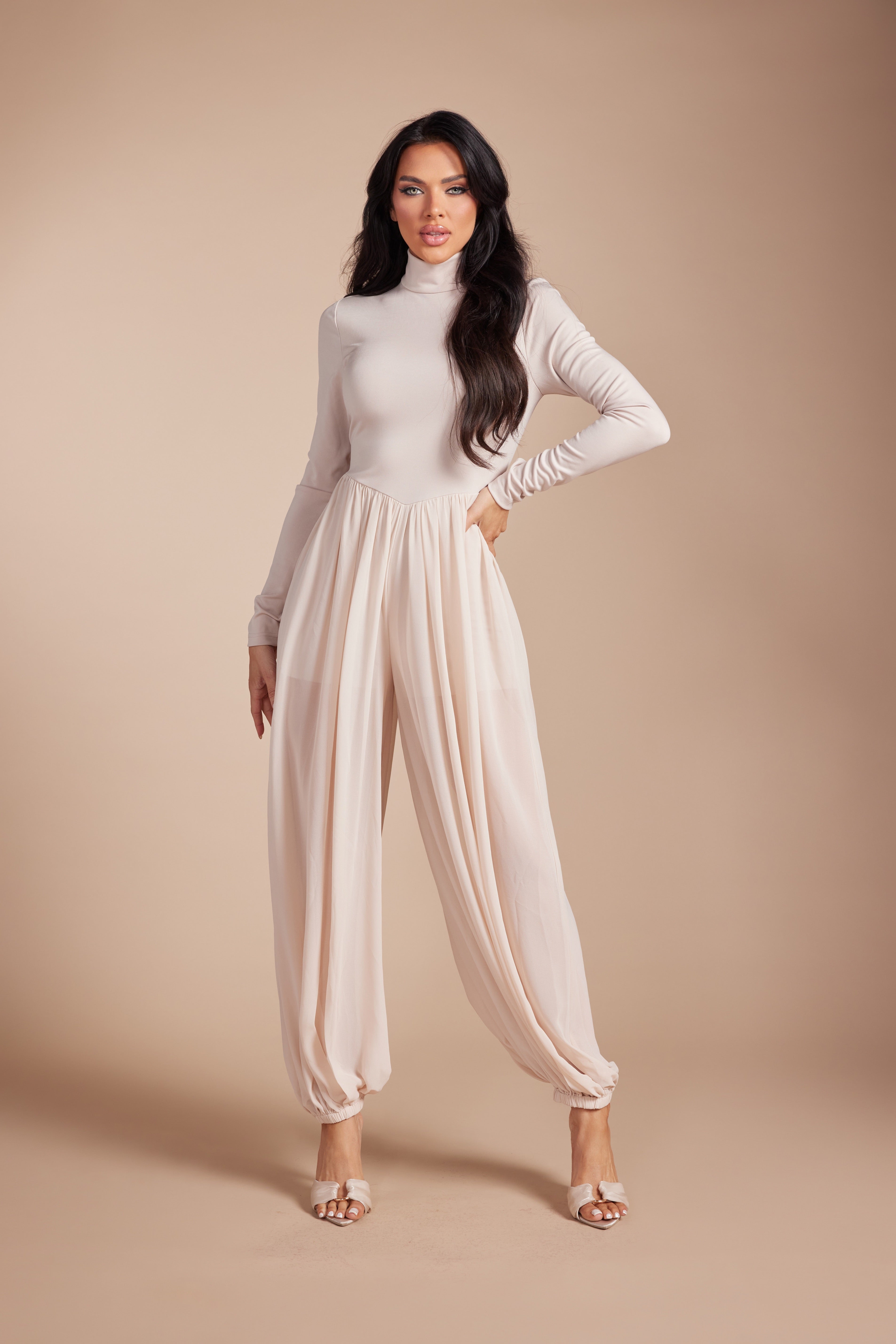 Mock Neck Long Sleeve Jumpsuit with Sheer Mesh Harem Overlay