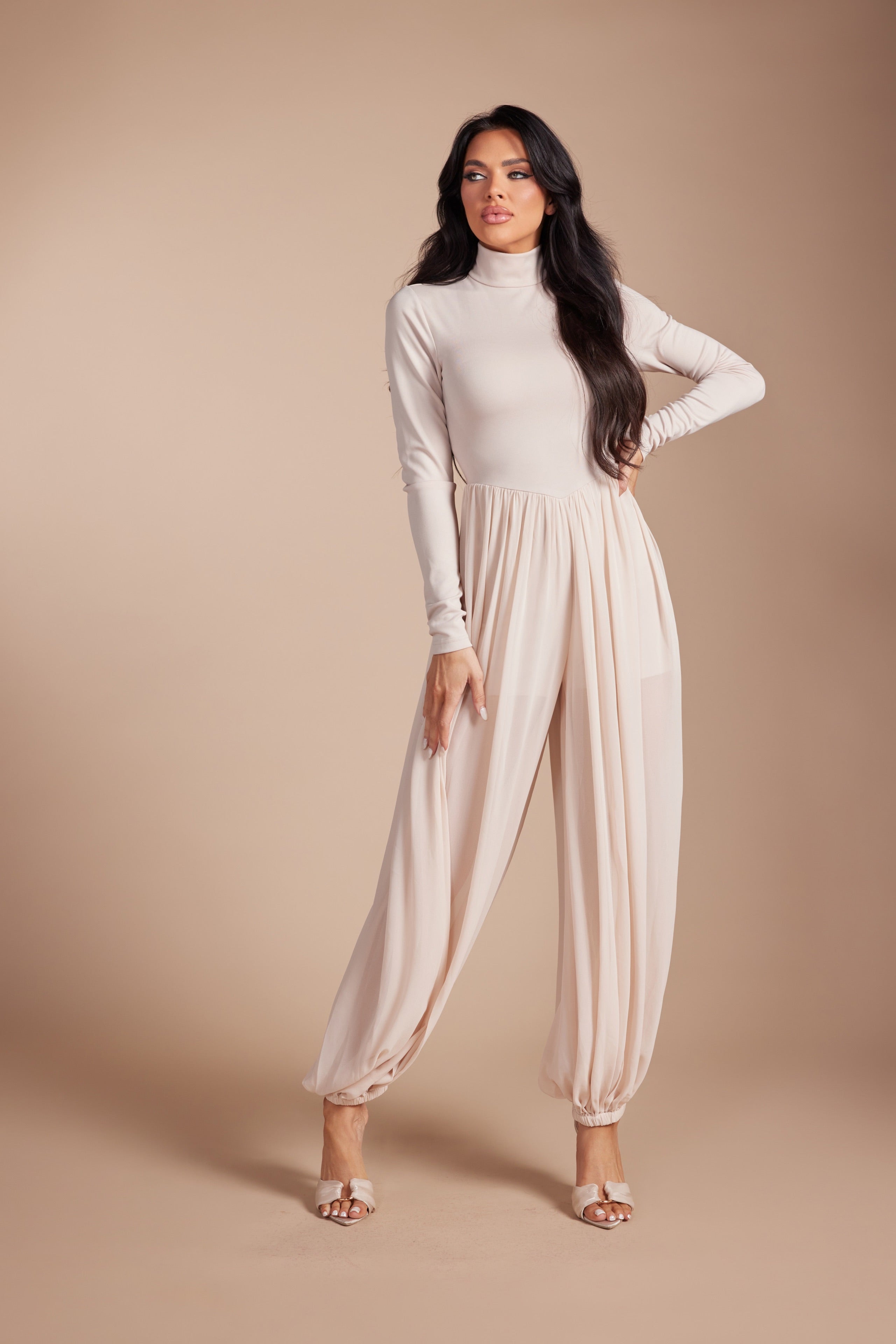 Mock Neck Long Sleeve Jumpsuit with Sheer Mesh Harem Overlay