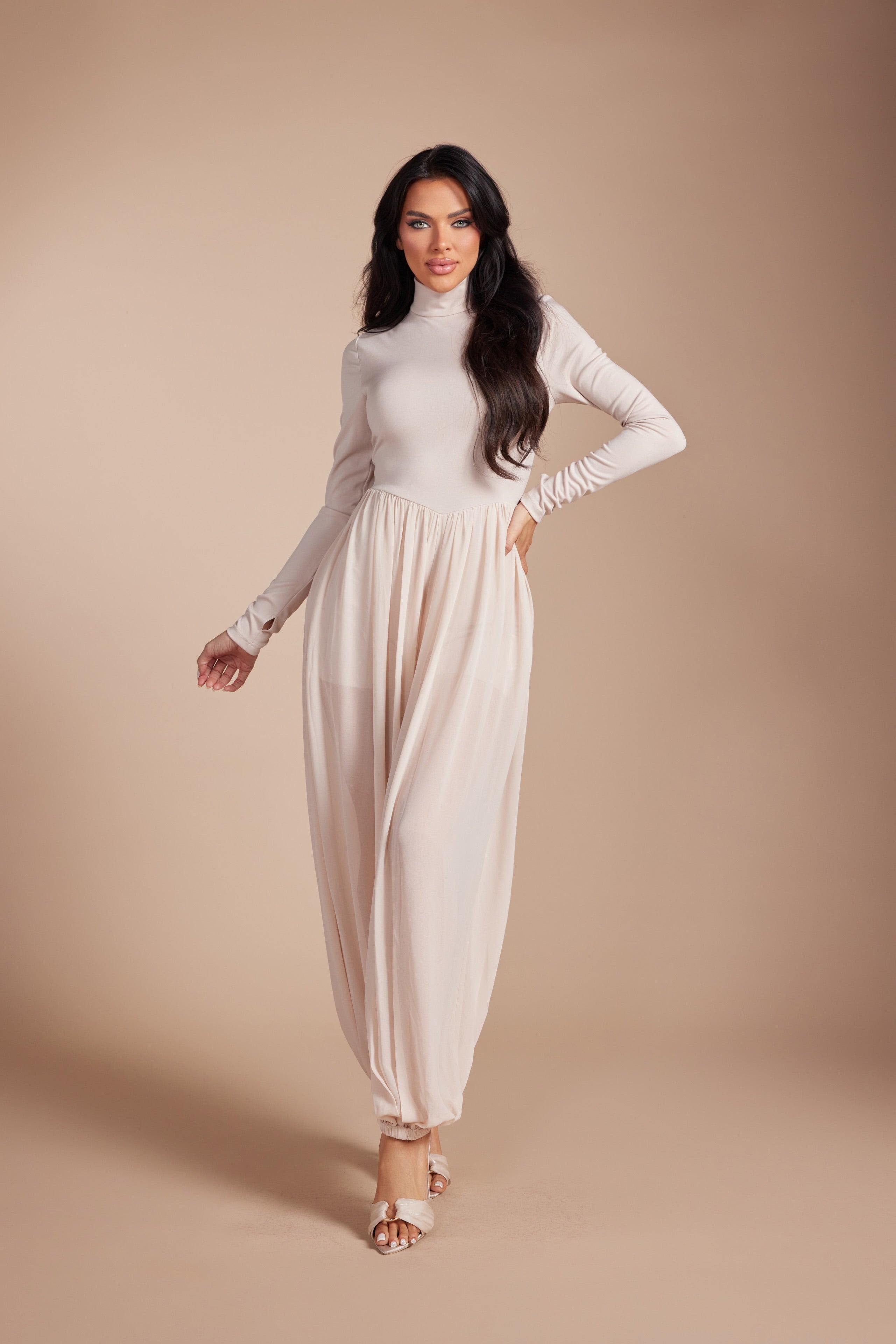 Mock Neck Long Sleeve Jumpsuit with Sheer Mesh Harem Overlay
