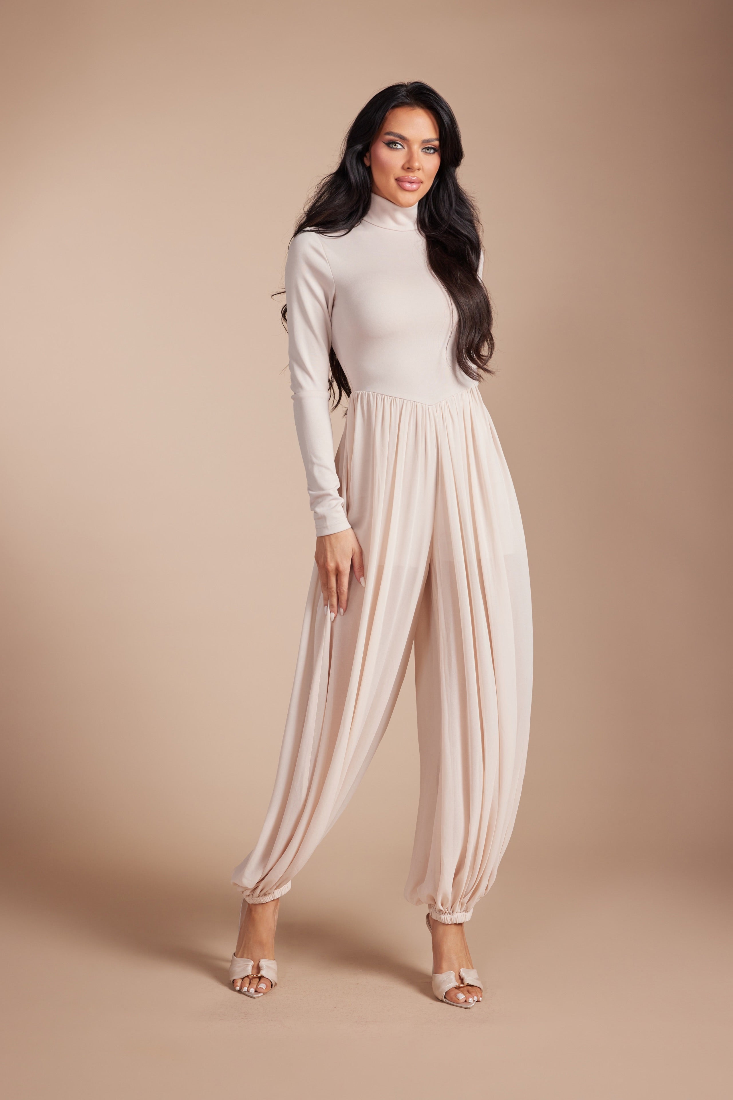 Mock Neck Long Sleeve Jumpsuit with Sheer Mesh Harem Overlay