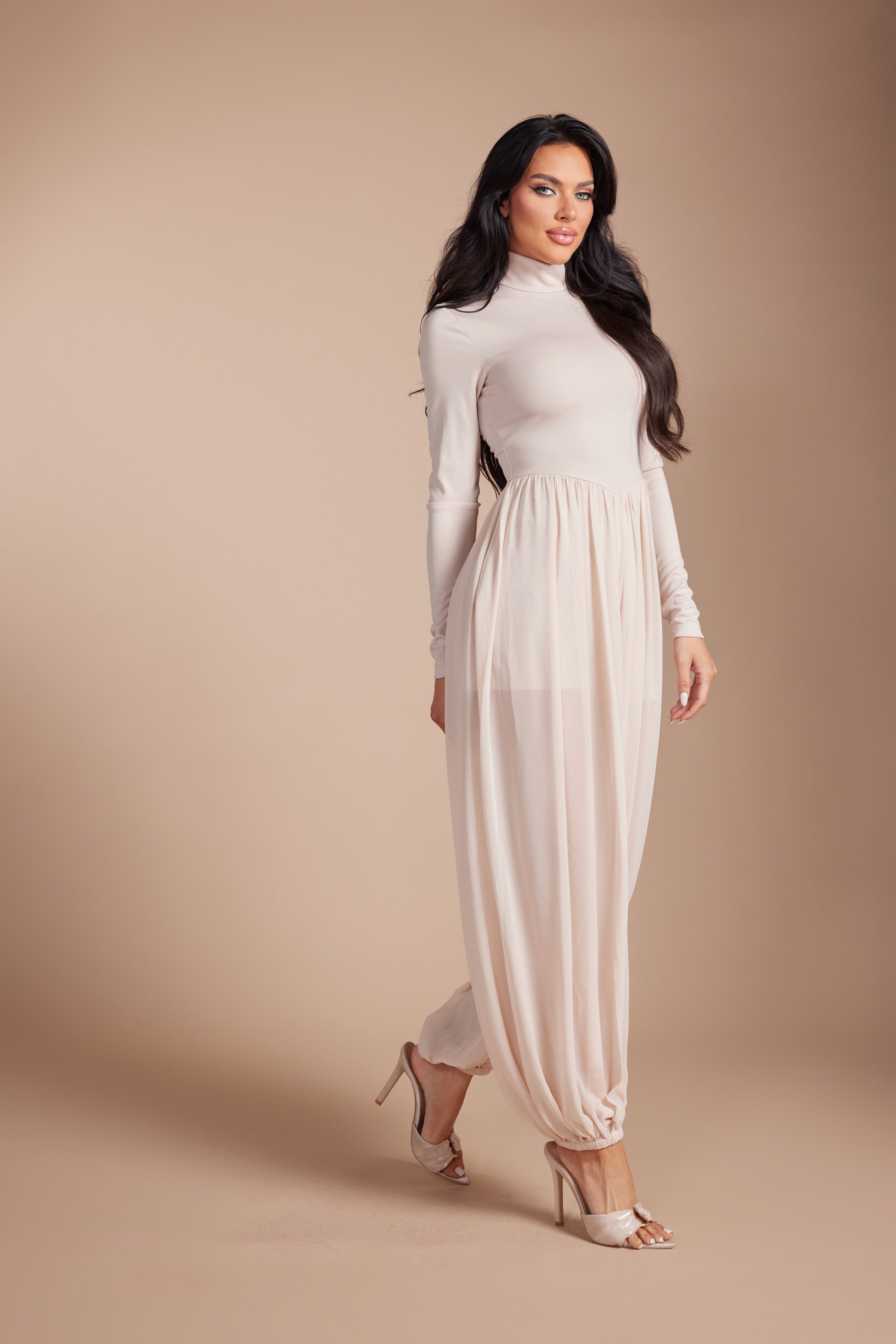 Mock Neck Long Sleeve Jumpsuit with Sheer Mesh Harem Overlay