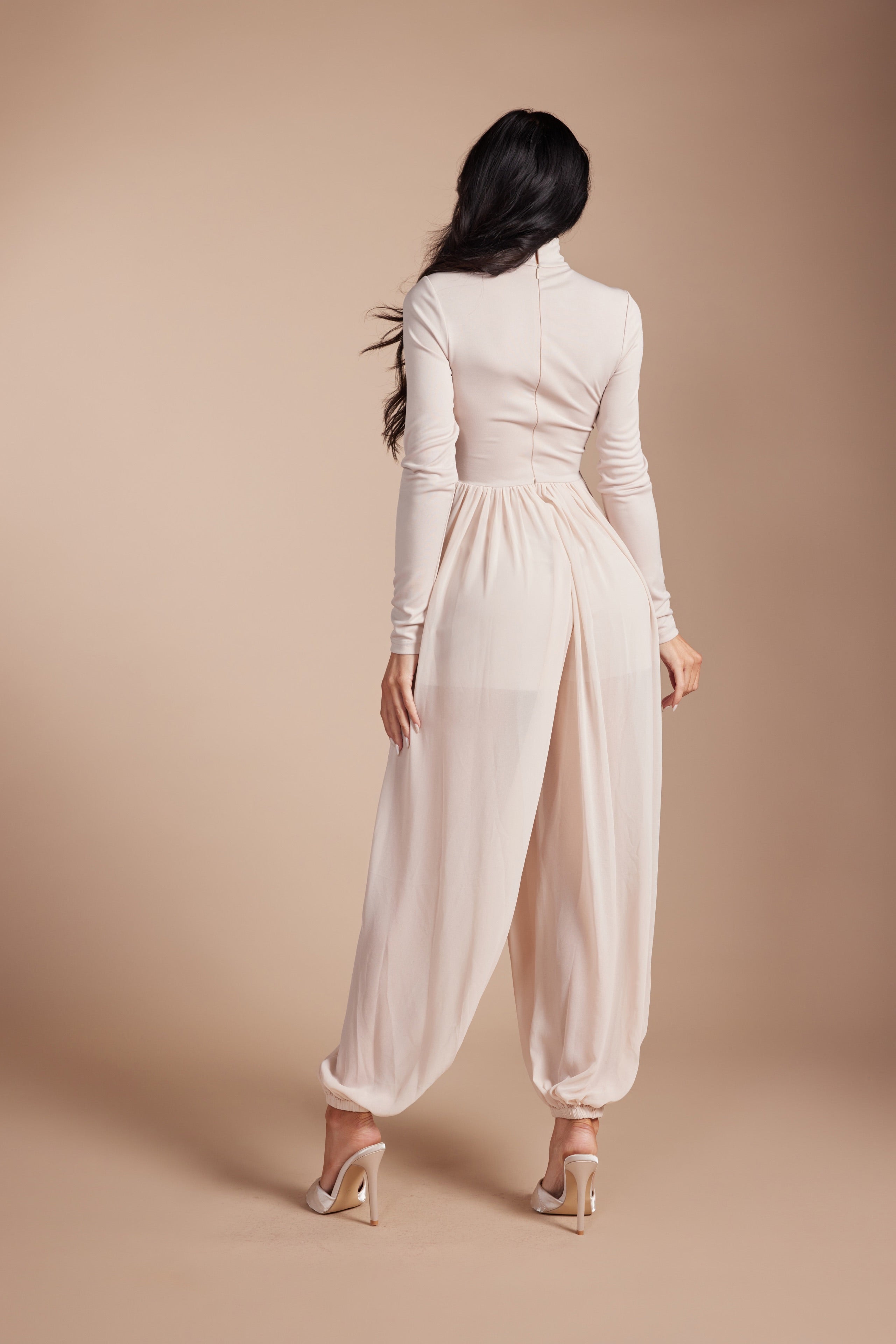 Mock Neck Long Sleeve Jumpsuit with Sheer Mesh Harem Overlay