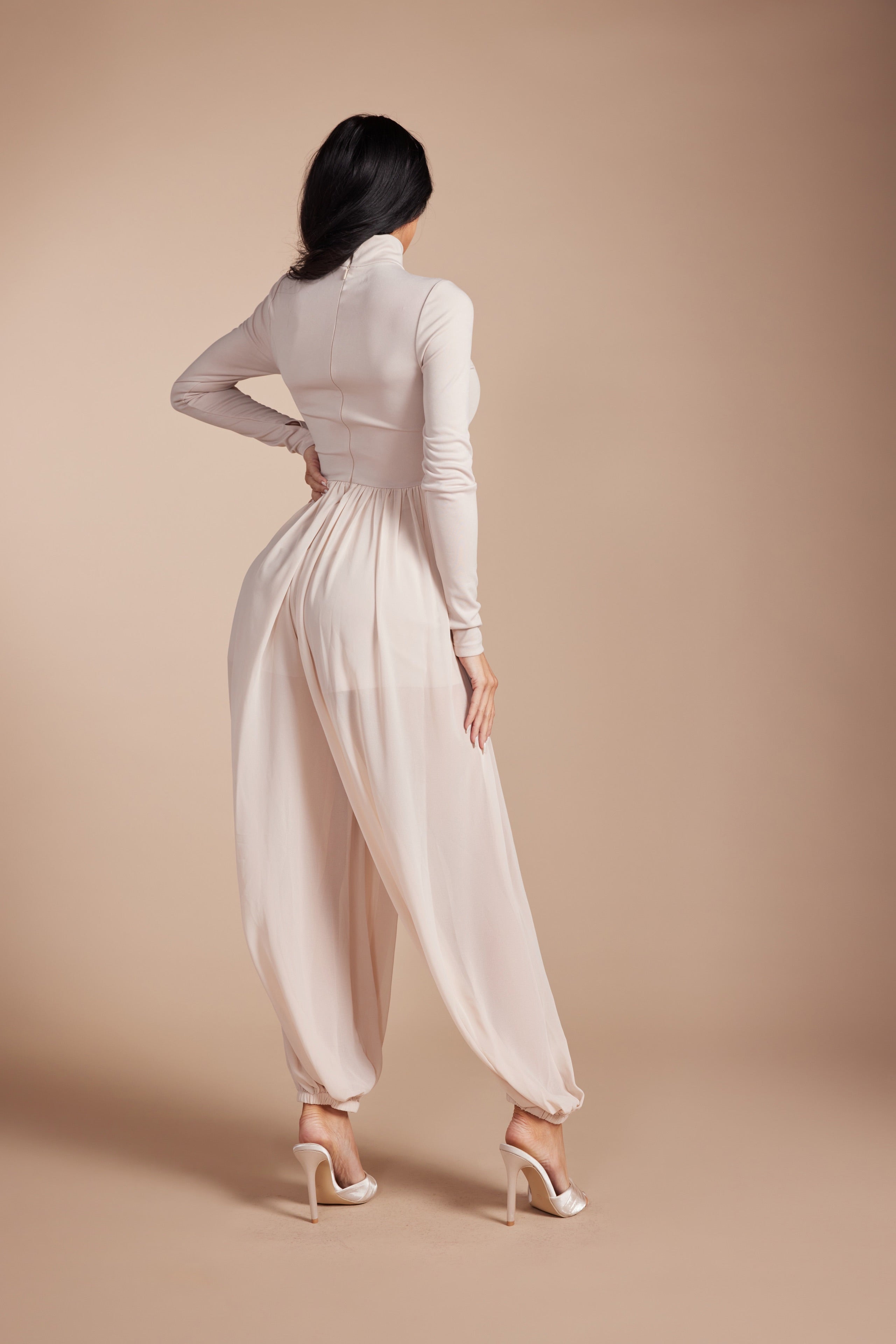 Mock Neck Long Sleeve Jumpsuit with Sheer Mesh Harem Overlay
