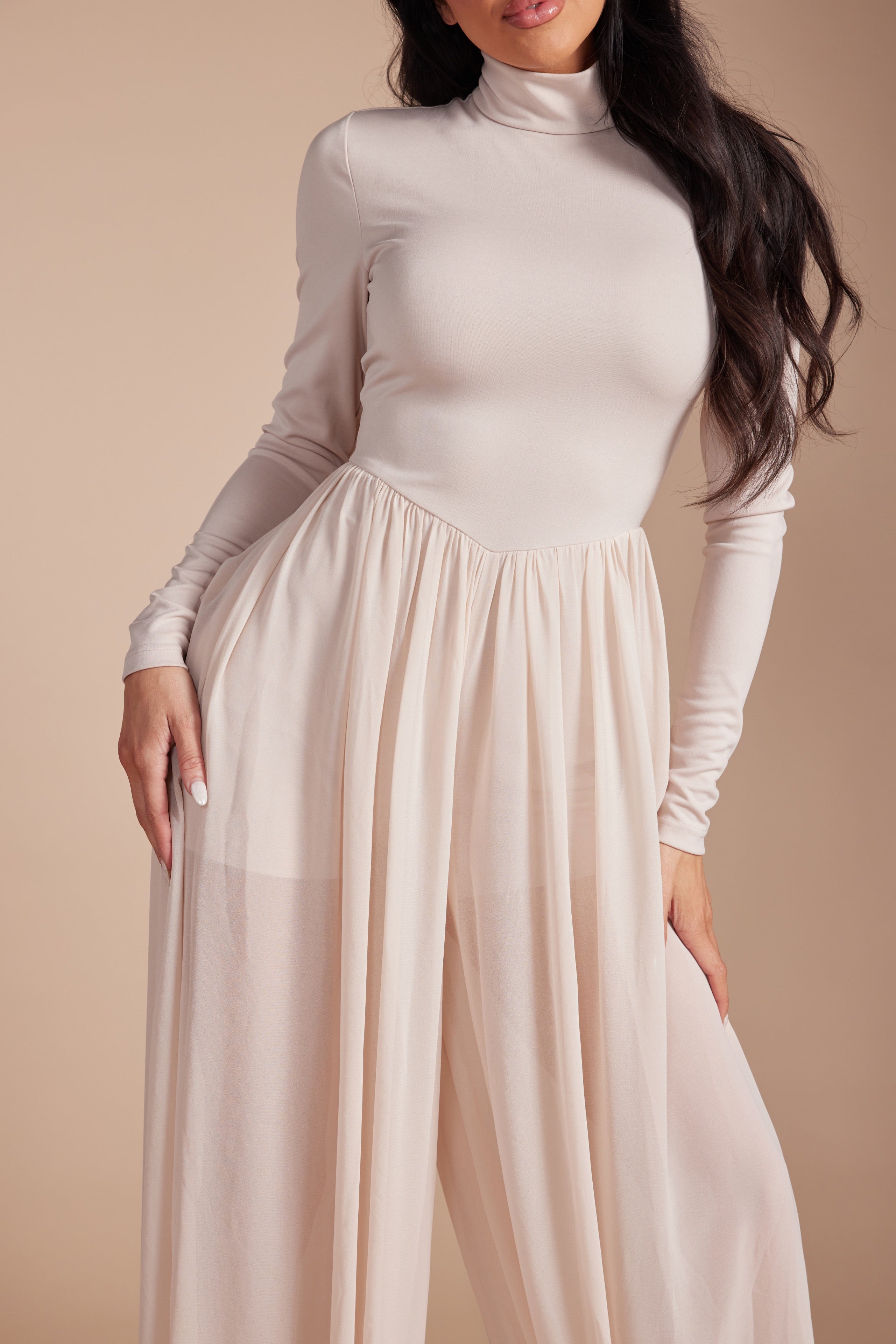 Mock Neck Long Sleeve Jumpsuit with Sheer Mesh Harem Overlay