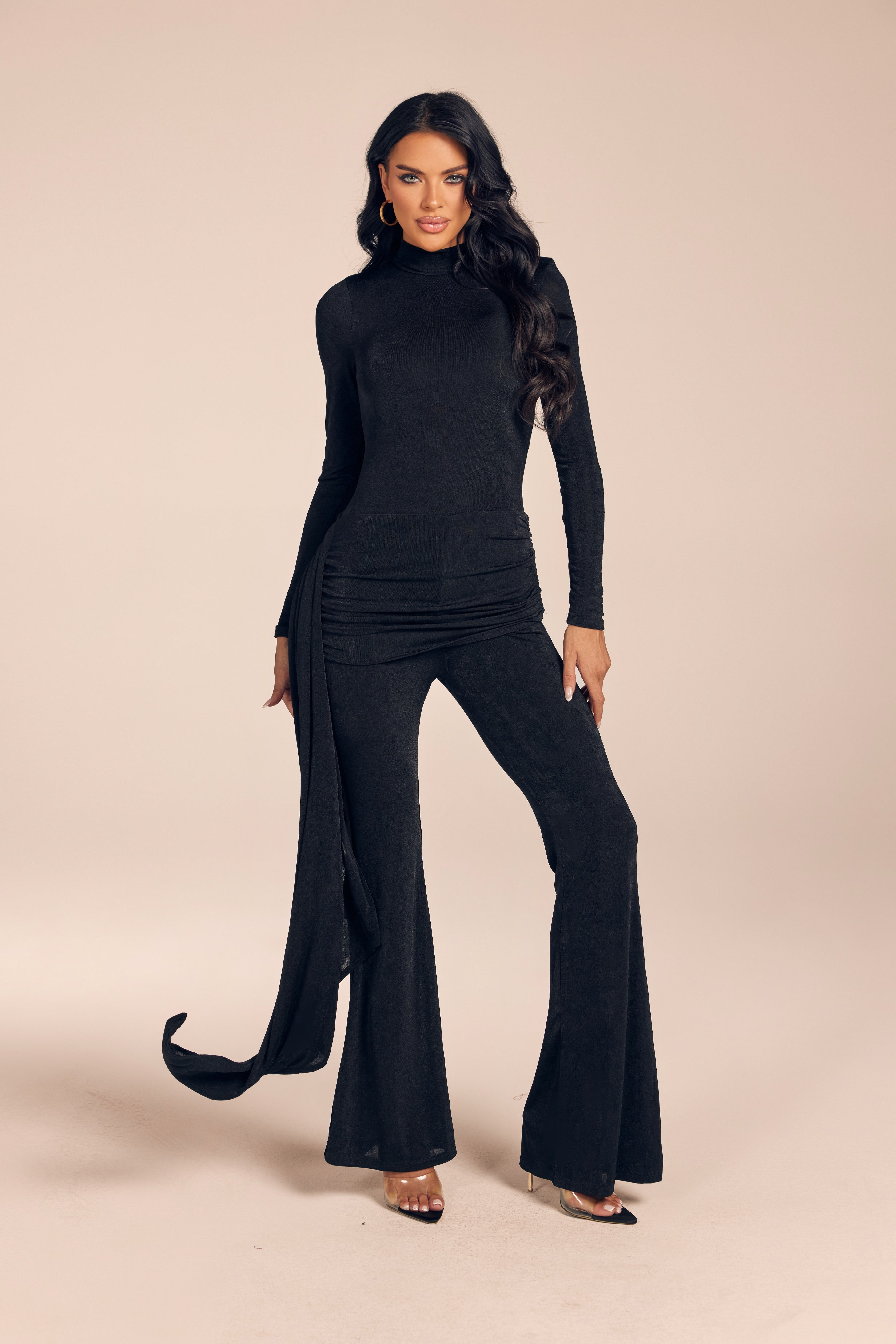 Shimmer Long Sleeve Mock Neck Jumpsuit with Side Drape Sash