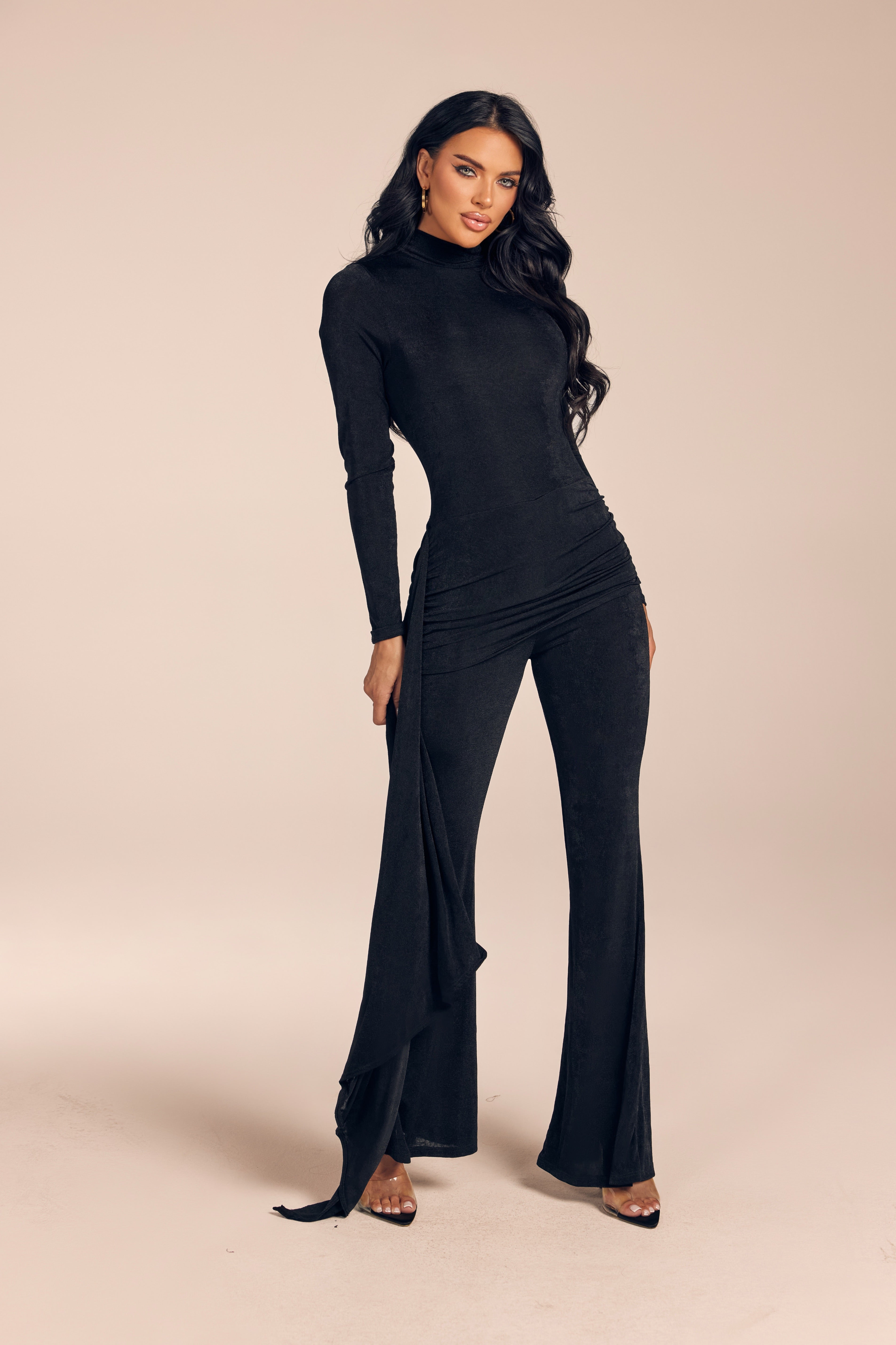 Shimmer Long Sleeve Mock Neck Jumpsuit with Side Drape Sash