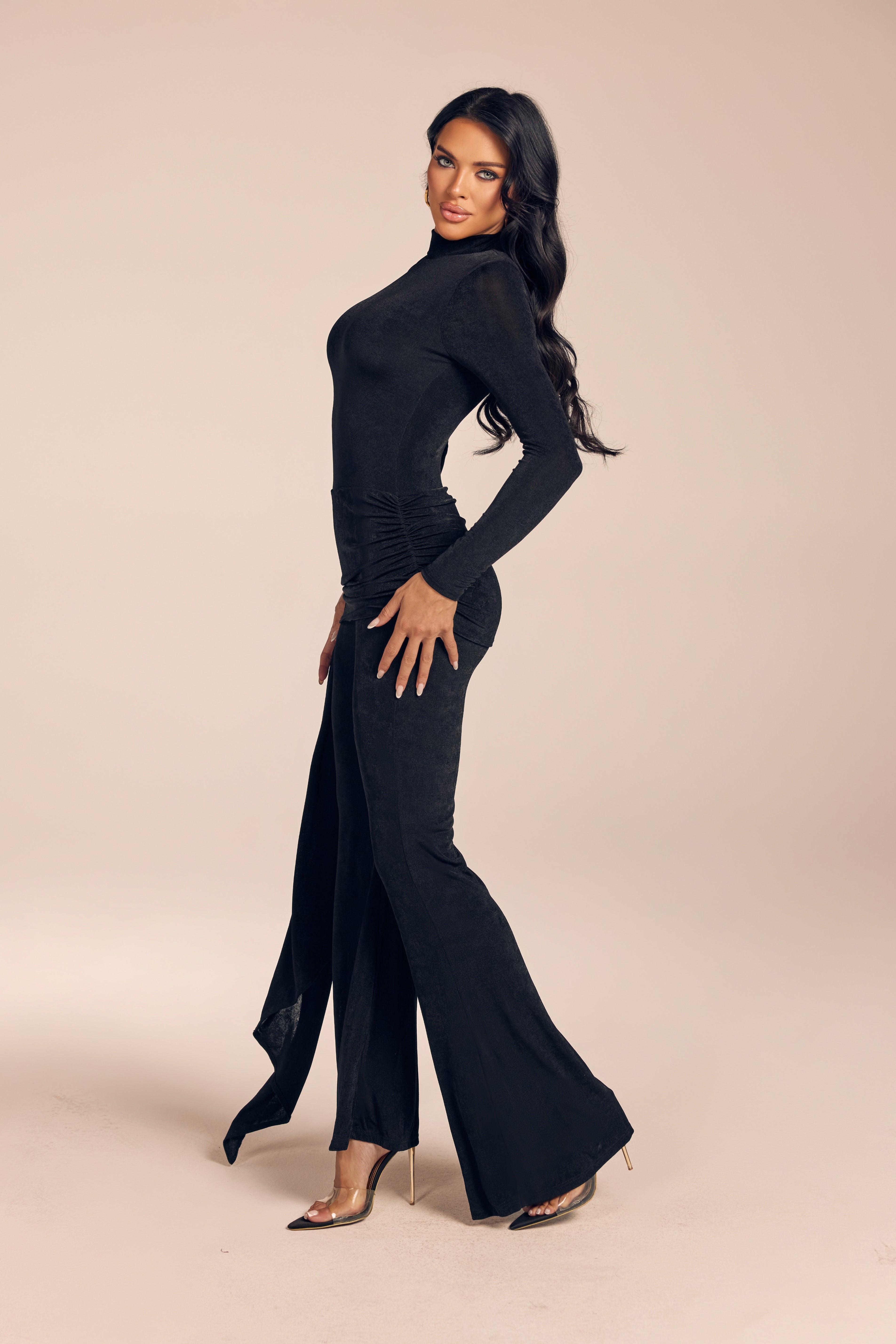 Shimmer Long Sleeve Mock Neck Jumpsuit with Side Drape Sash