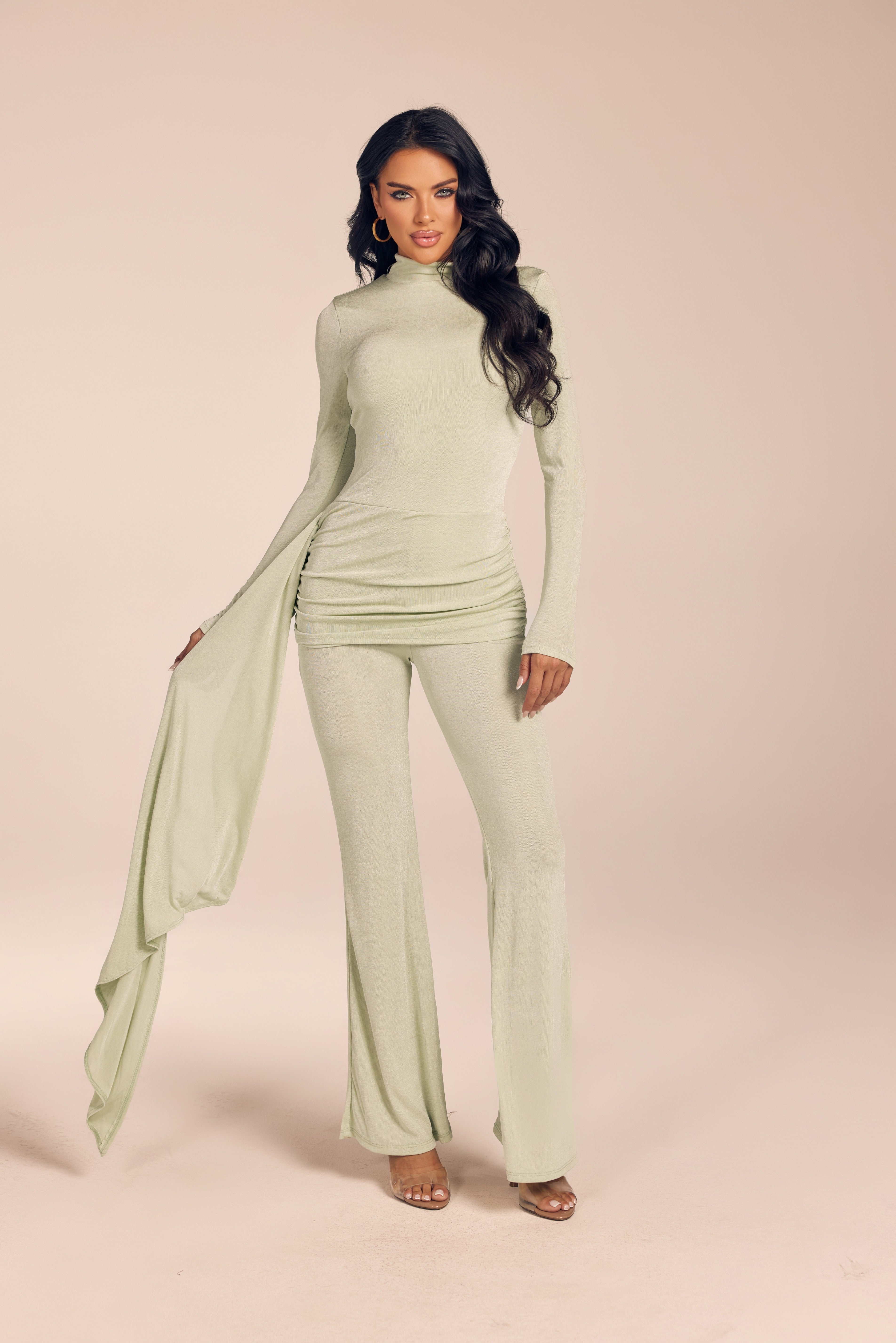 Shimmer Long Sleeve Mock Neck Jumpsuit with Side Drape Sash